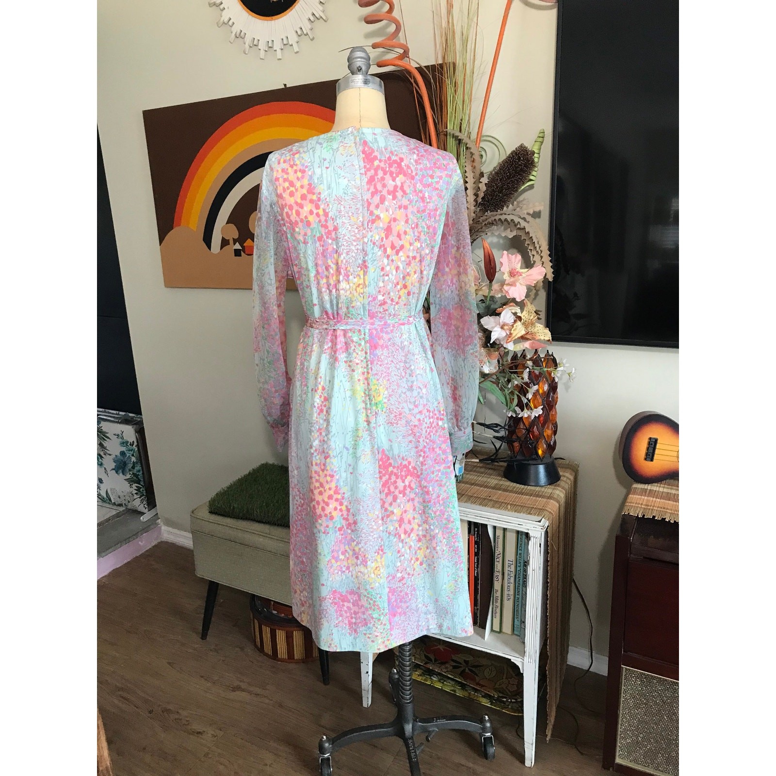 Vintage 1970s Mary Roberts Pastel Floral Dress with Detachable Chiffon Vest