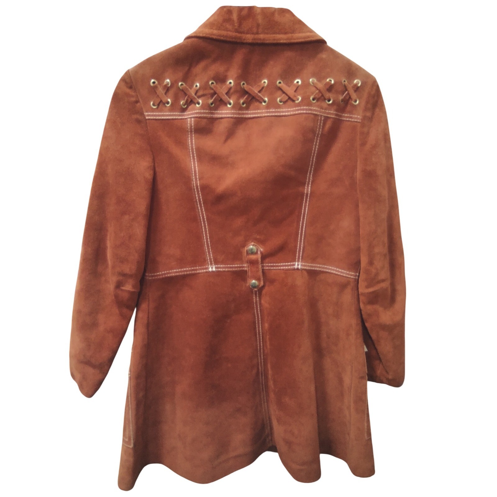 Vintage 70s Burnt Orange Suede Coat Womens Size 13 Snap Closure Lace Up Design