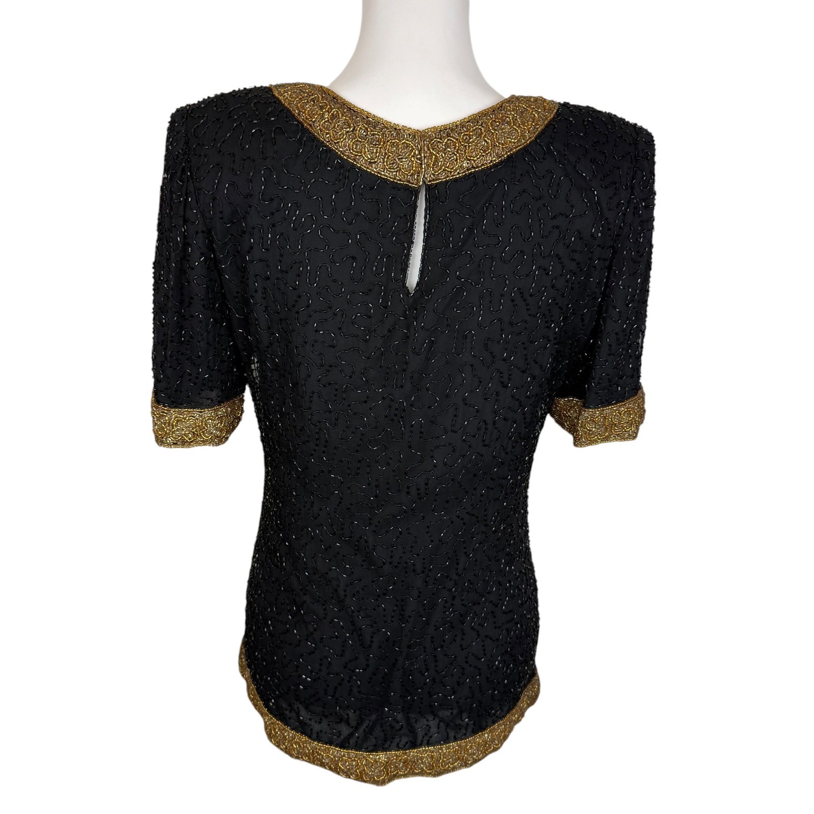 Laurence Kazar Vintage Beaded Silk Top Black Gold Evening Blouse Small Short Slv