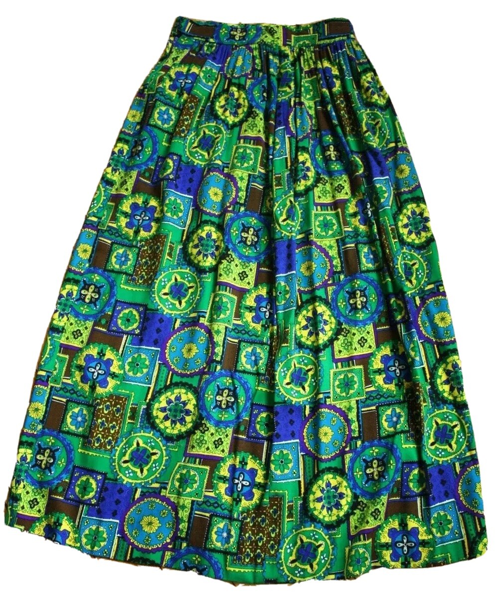 Vtg Dutchmaid Ephrata PA 28 Maxi Skirt 60s Mod Stained Glass Green Blue Yellow