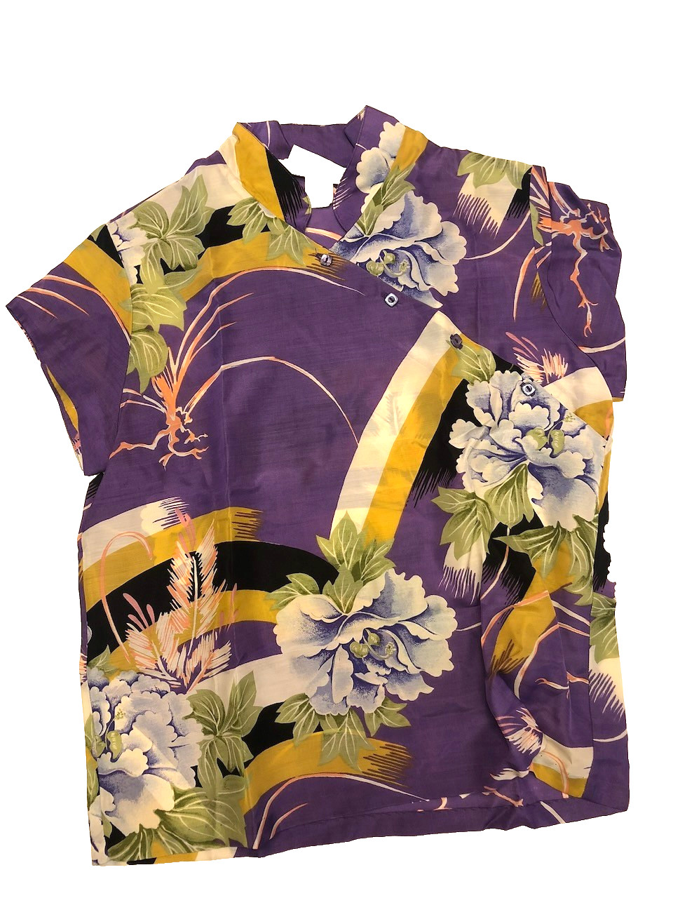 Vintage Sunshine Hawaii Sherry Holt 70’s Blouse Floral Print Yellow Purple S