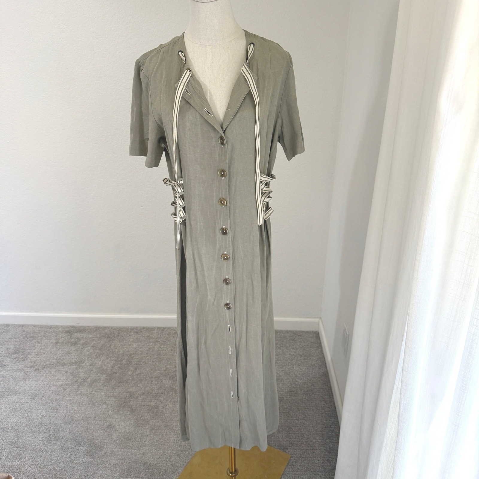 Vintage Sage Ribbon Lace Up Button Front Maxi Dress Cottagecore Lagenlook