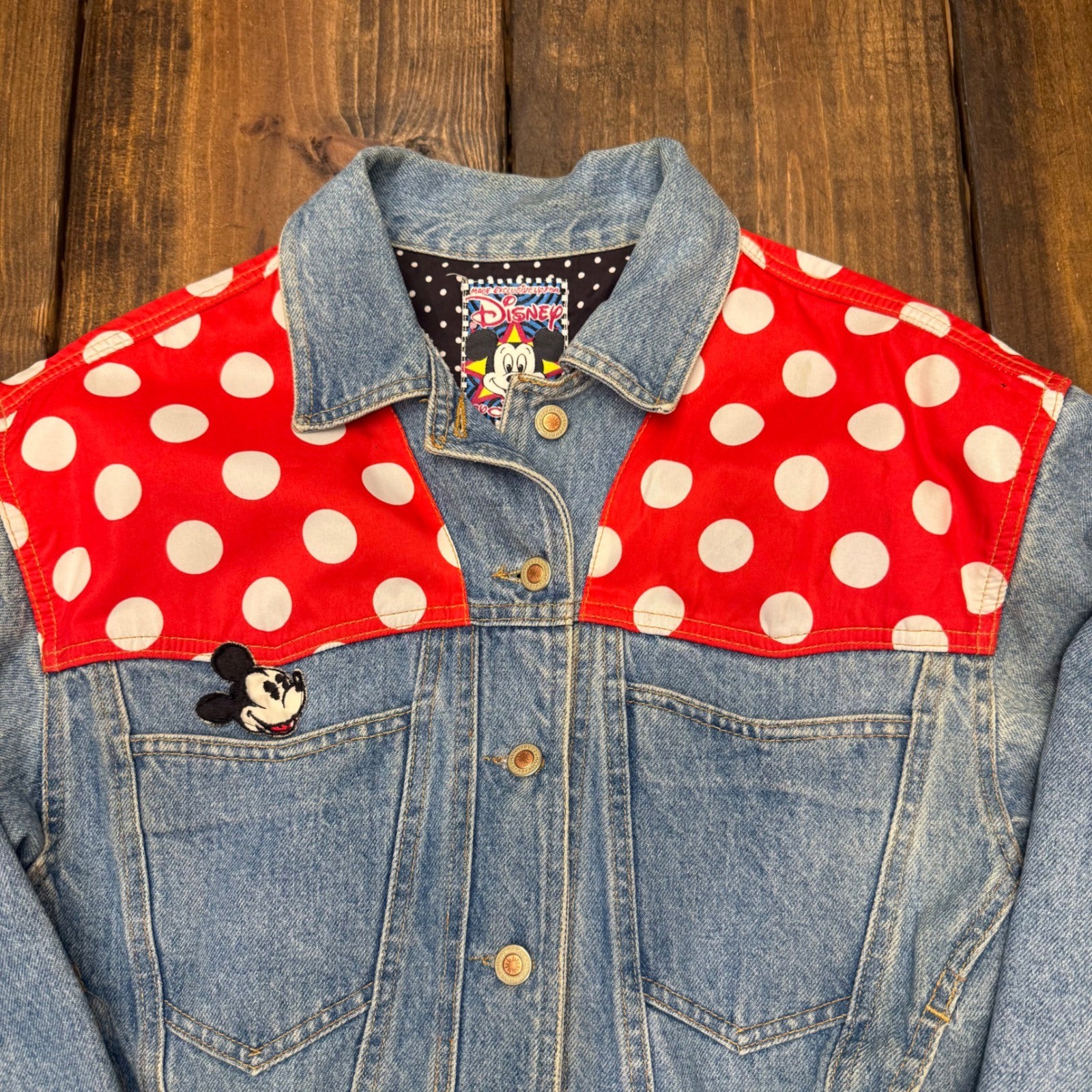 Vintage Disney by JouJou Mickey Minnie Mouse Denim Jacket Polka Dot Red Blue M