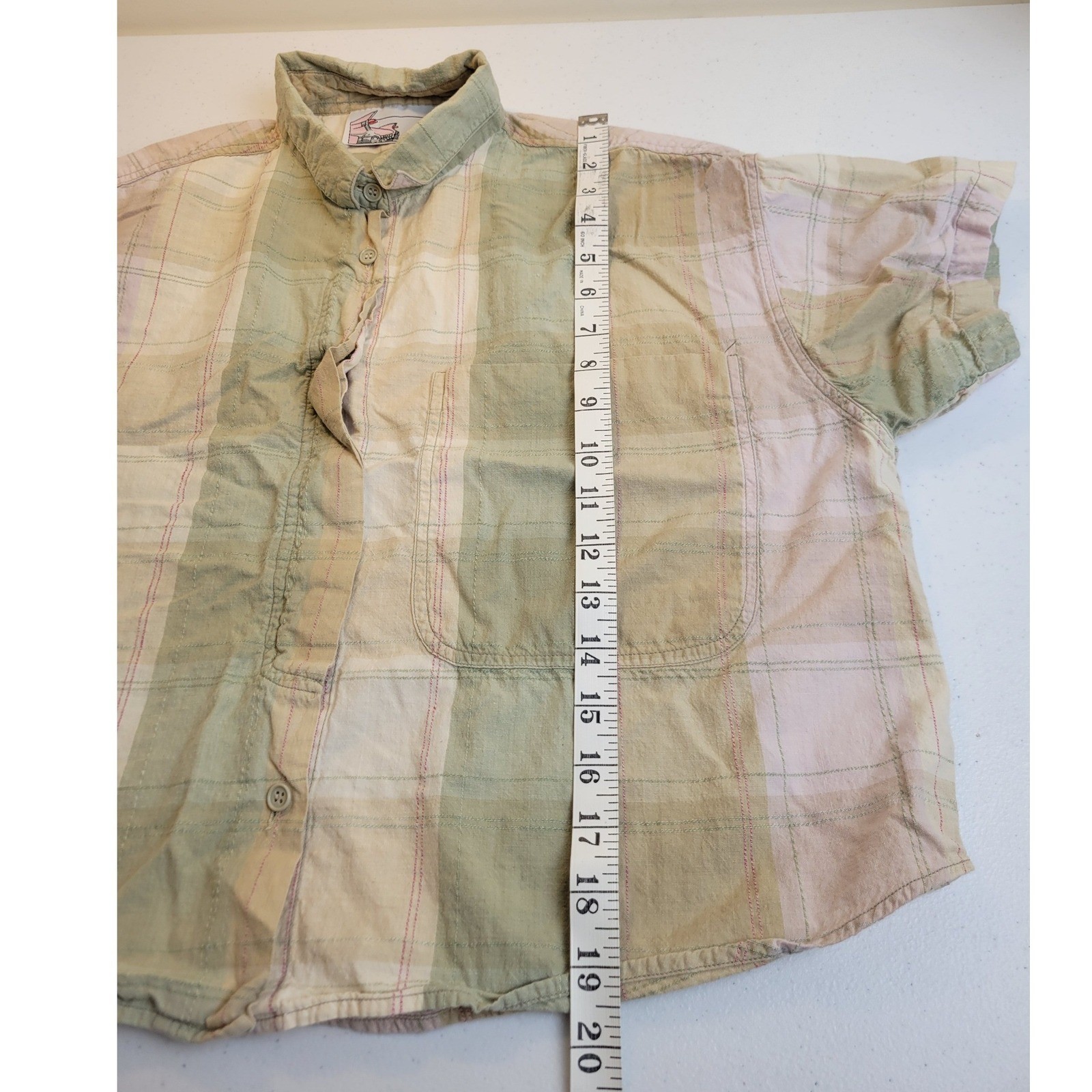 Pink 59 Plaid Button Down Cropped Shirt Short Sleeve Grunge Green Women Large