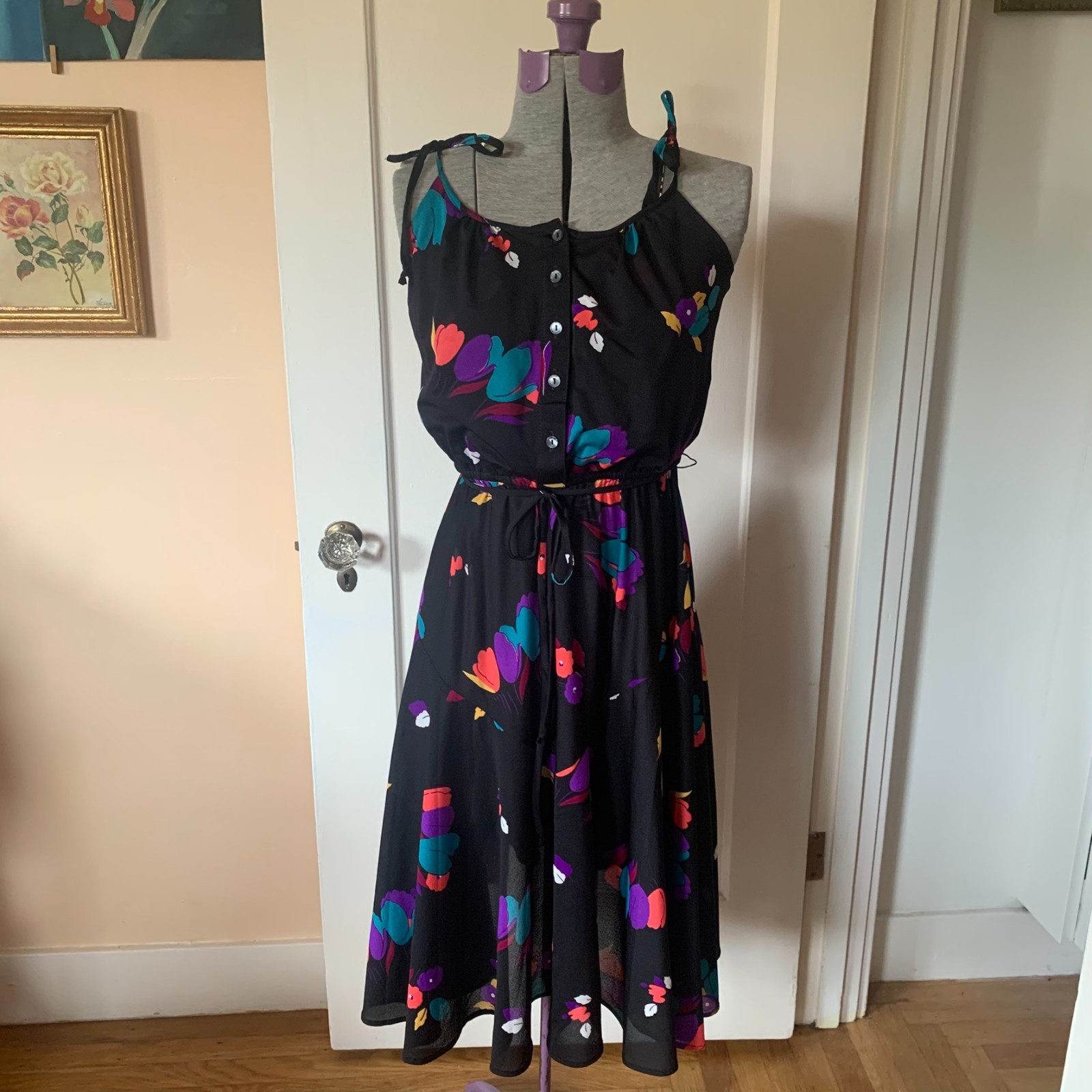 Vintage 70s Floral Tie Shoulder Midi Dress Black Multi Color Button Front Size 7