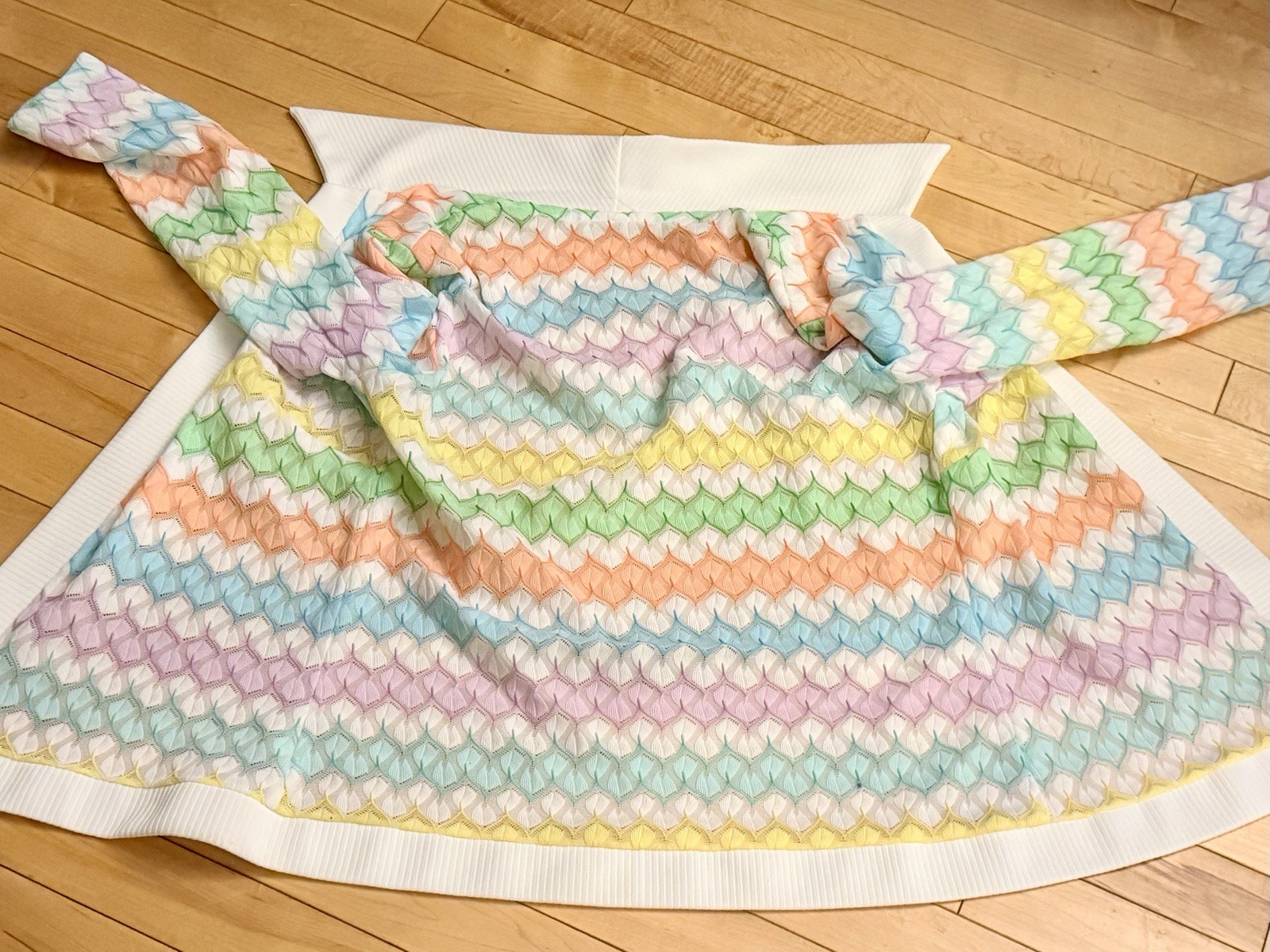 Vintage 1970s Rainbow Chevron Open Knit Cardigan Mod Textured Sweater S/M 19×21
