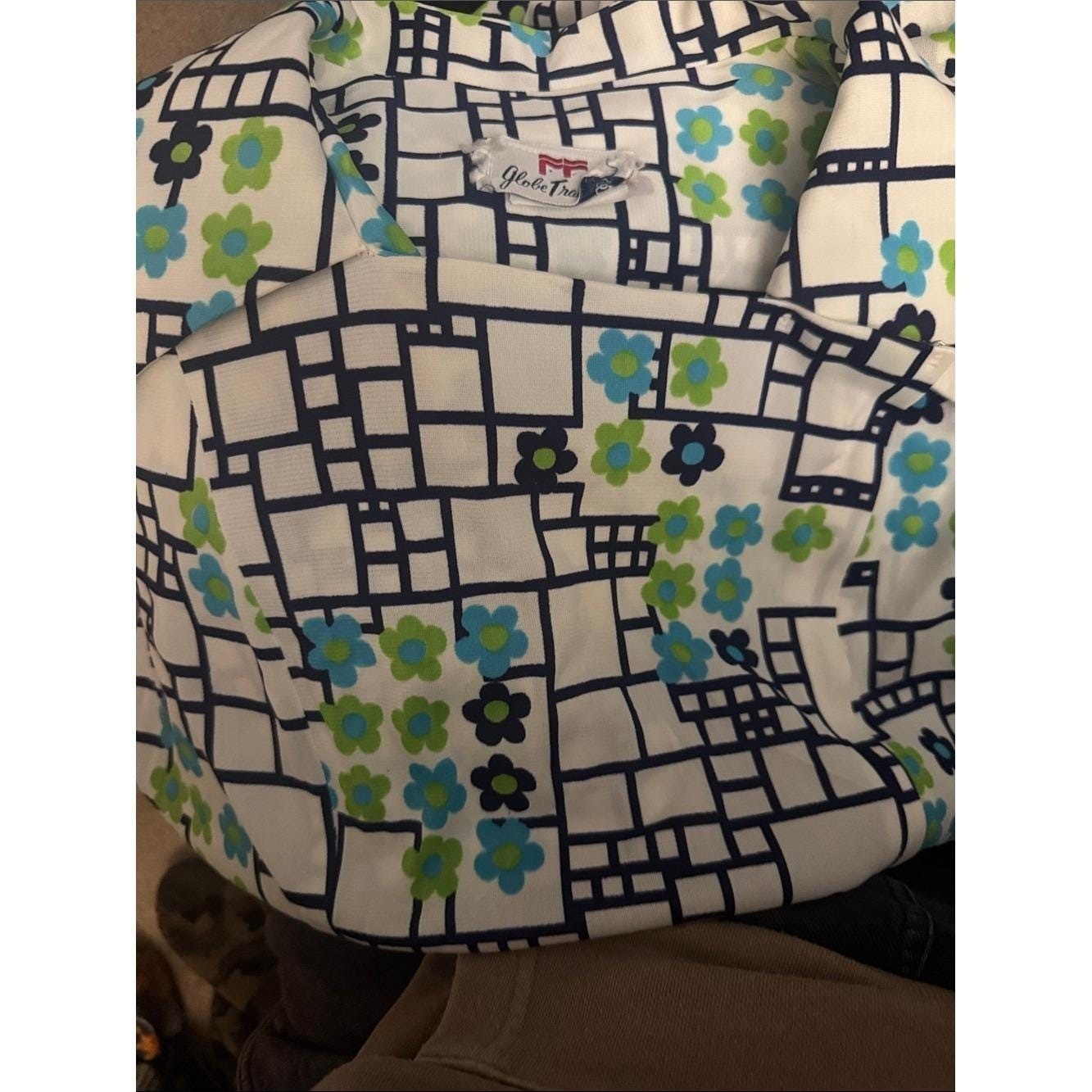 Vtg 1960s Globe Travelers Blue and Green Floral Geometric Print Shirt Dress