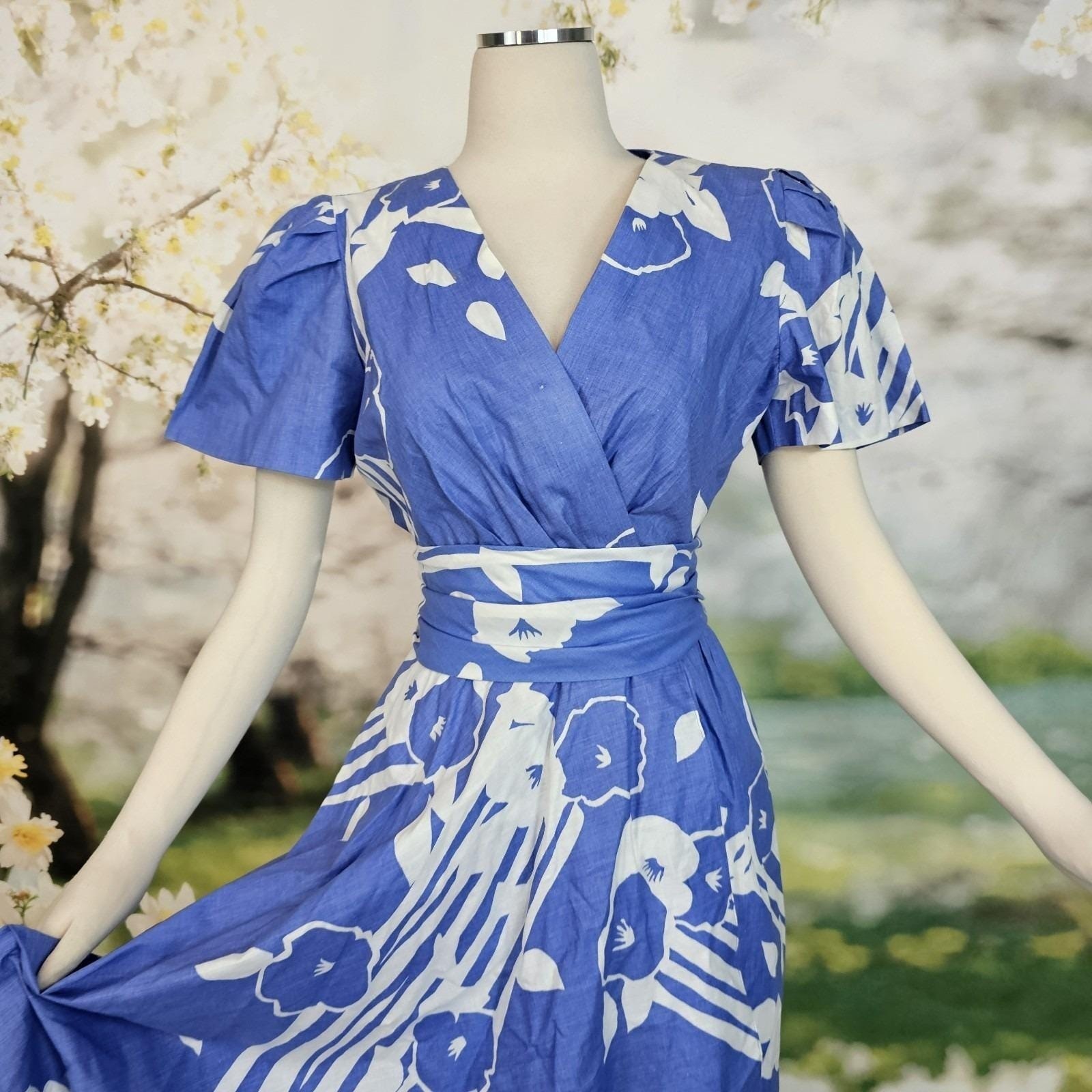 Vintage Faux Wrap Style Dress Sky Blue White Floral Print Fluttery Sleeves Gown