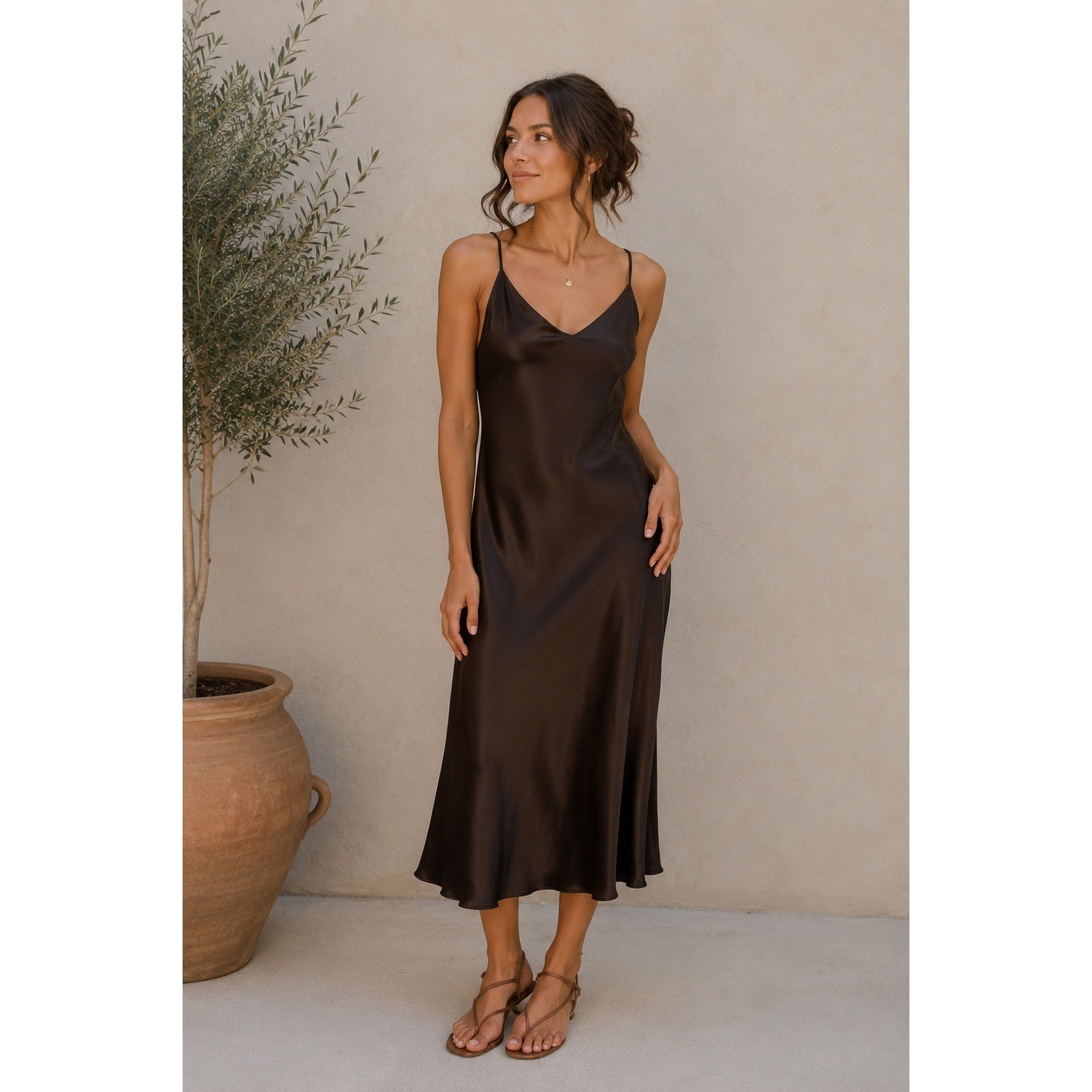 Vintage Express Y2K Slip Dress 9/10 Brown Satin Spaghetti Strap V-Neck Midi