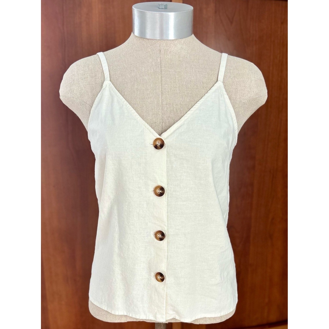 Topshop Ivory Linen Blend Button Front V-Neck Cami Top Size US 4