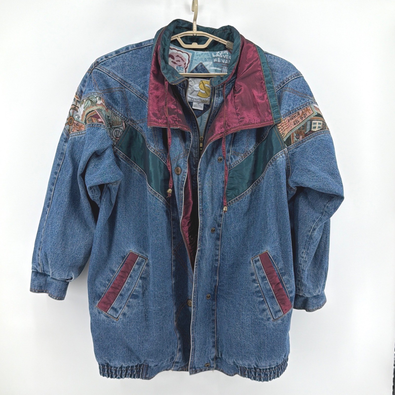 VINTAGE Current Seen Denim Bomber Jacket 1X Postcard Print Tapestry Mixed 90’s