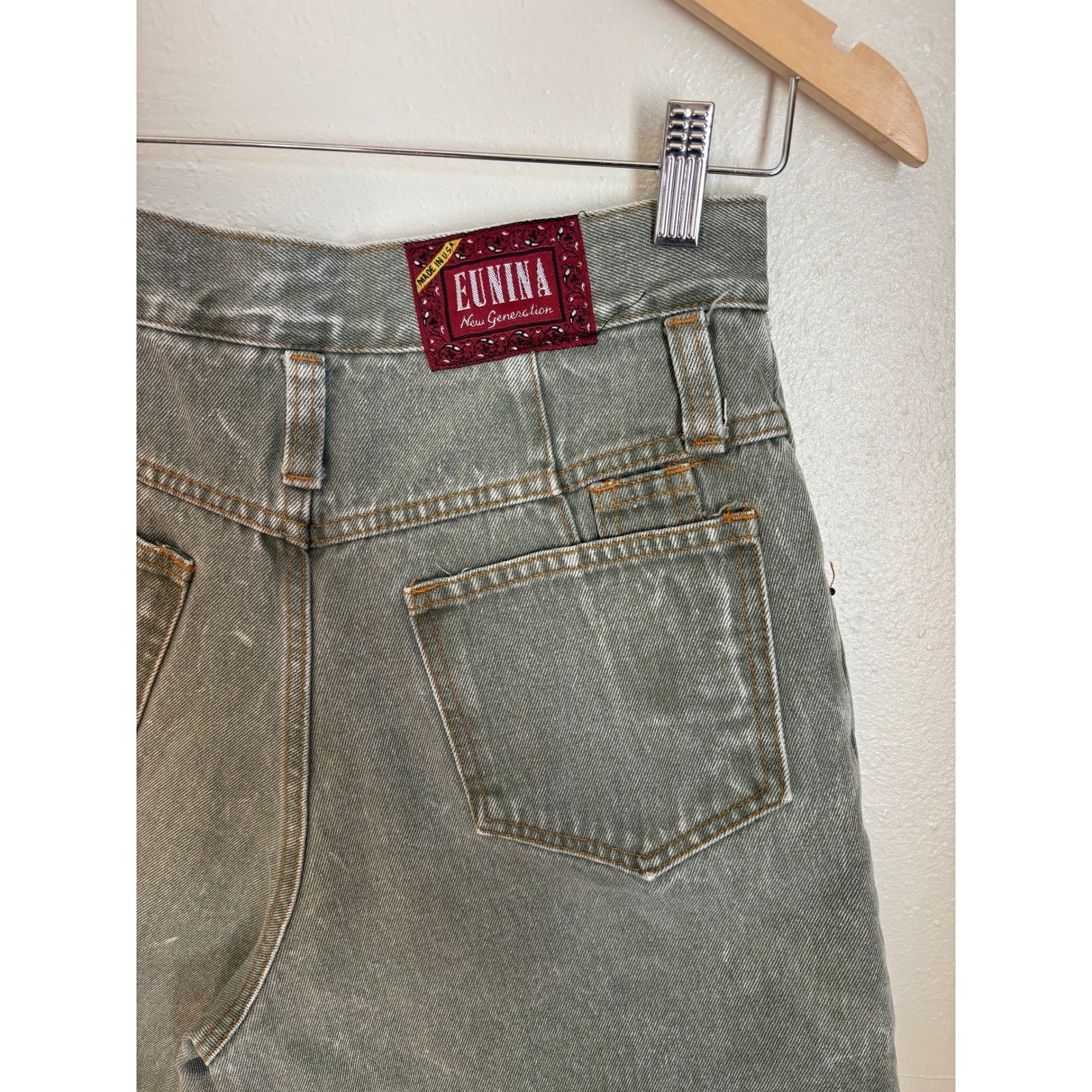 Vintage Eunina New Generation High Waisted Olive Green Denim Shorts Made in USA