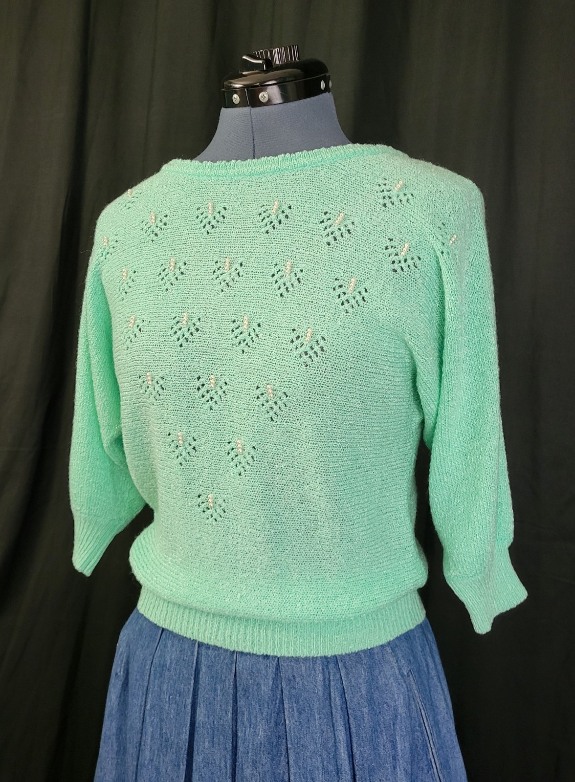 Vintage Jean Nicole Lightweight Mint Green Sweater w Pearl Accents Size S