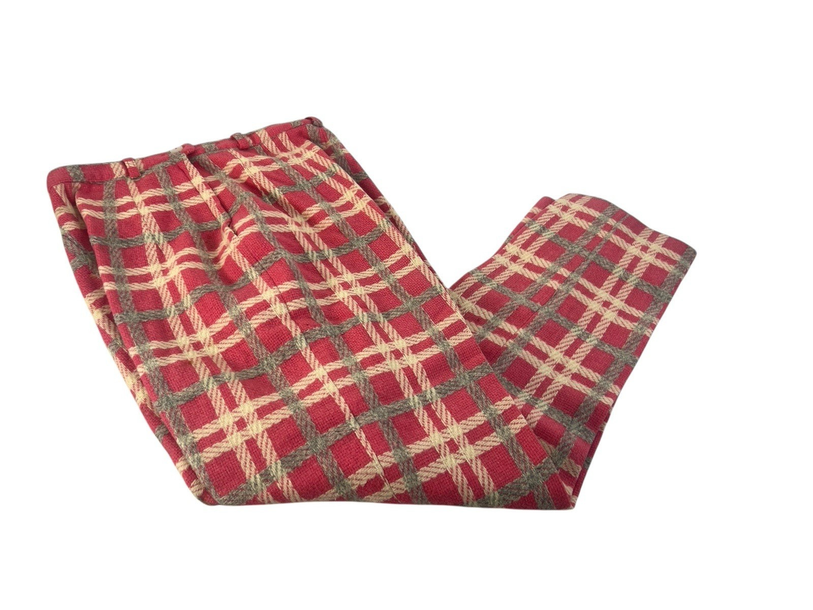 vintage Plaid Wool Pants 1970s Women’s Size S Pink Grey High Waist Lined