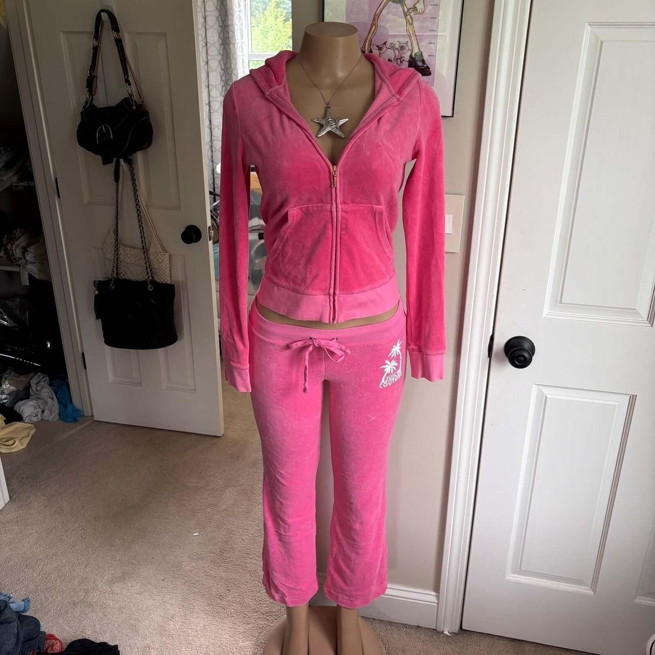 Vintage Juicy Couture Y2K Logo Hot Pink Velour Tracksuit Set 2-piece size S