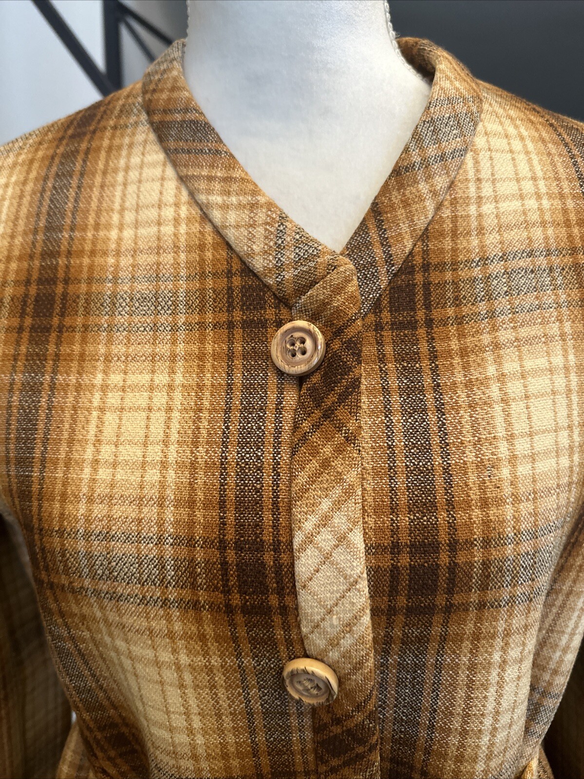 Jacques Tiffeau 60s Brown Tones Wool Blanket Plaid Coat & Pleated Skirt Set S