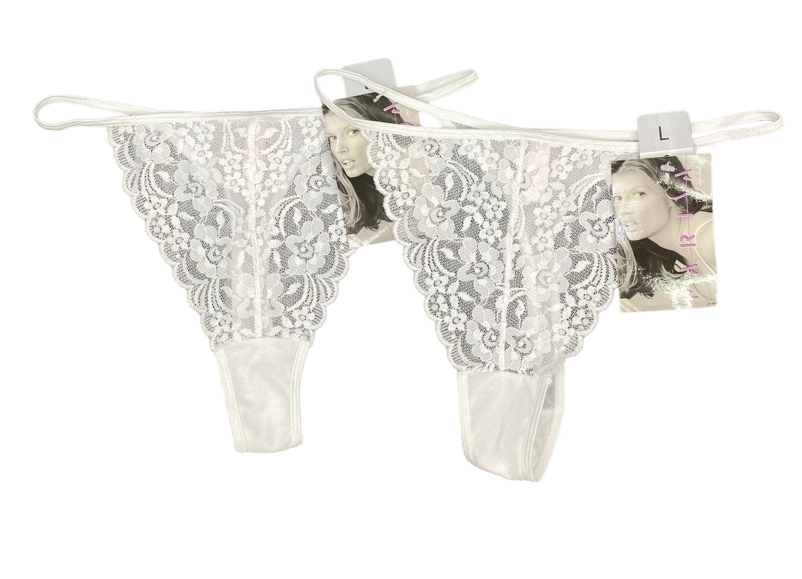PARISA AMIR Sz L White Pantries Bridal String Tong Nylon Lace Hi Cut Lot Of 2