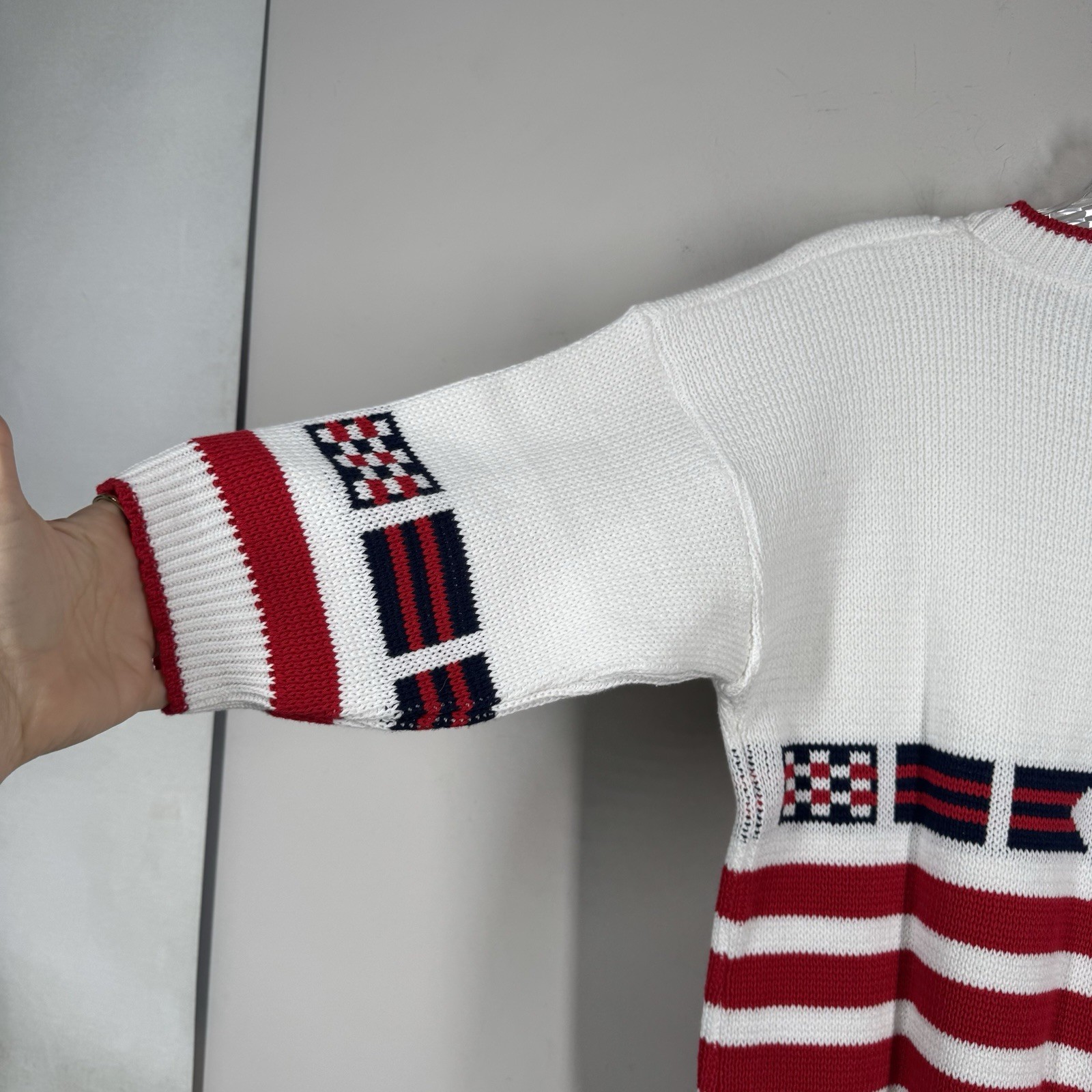 Sweater Loft Vtg Short Sleeve Nautical Preppy Knit Flags Cotton USA Sz S NWOT