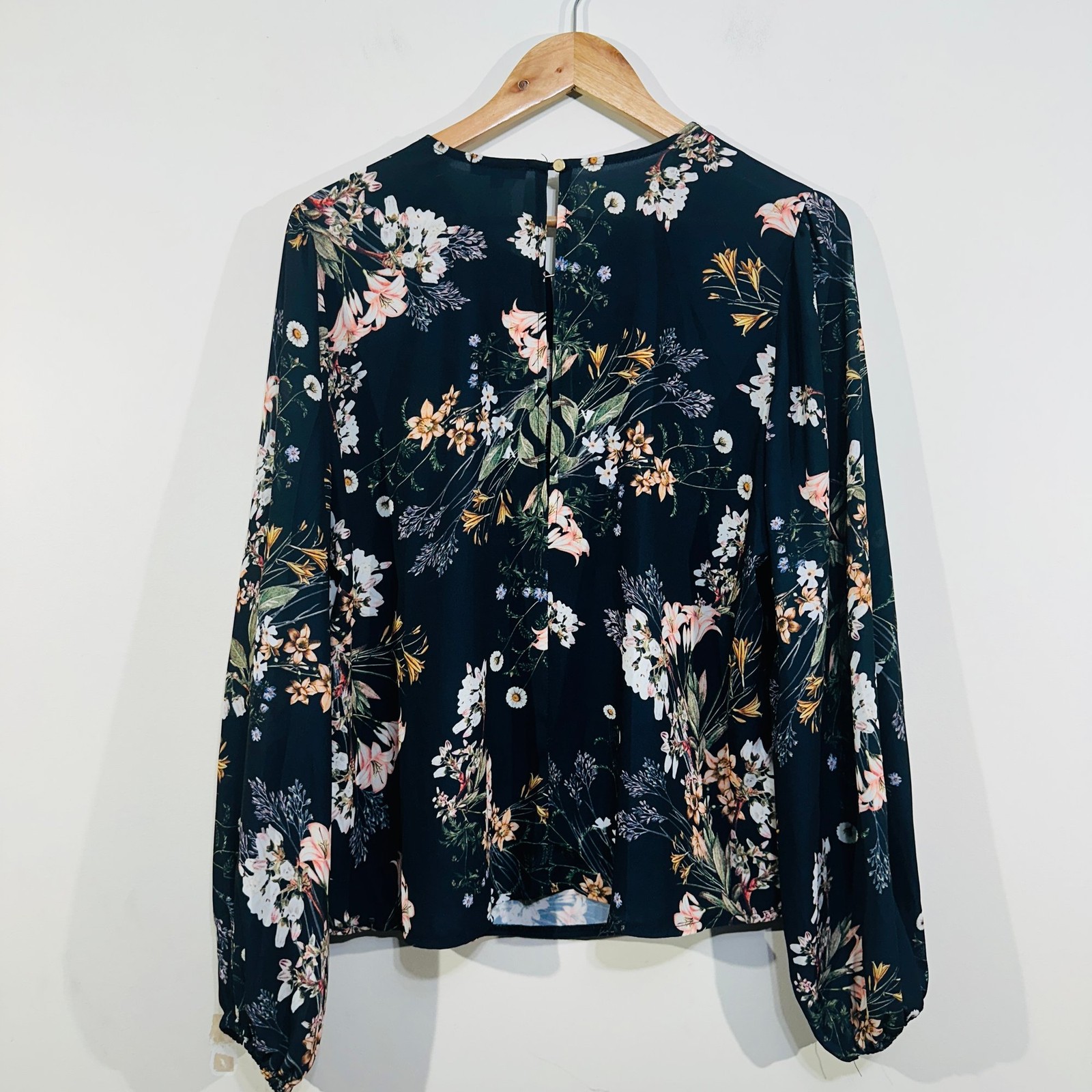 Sheike Floral Long Sleeve Blouse Top 12 Gold Pin Navy Blue Pink Elegant