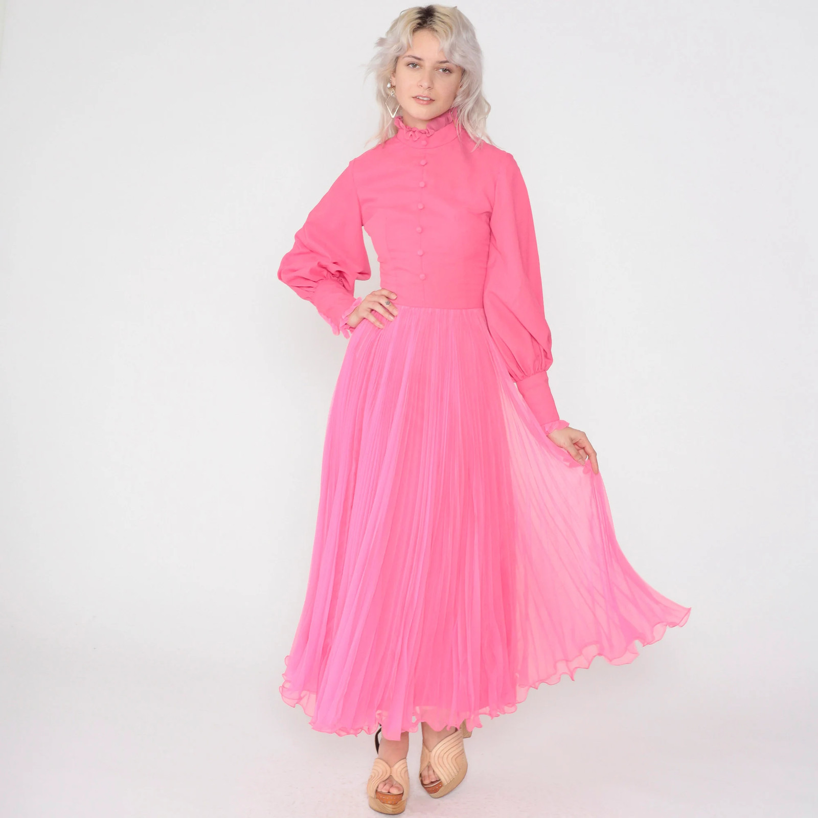 Hot Pink Dress 70s Maxi Dress Long Balloon Sleeve High Neck Ruffled Pleated Chif