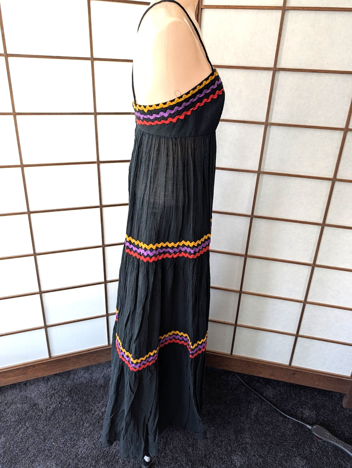 Vintage 1970s Act I New York Black Gauzy Maxi Sundress Tiered Rick-Rack Sz XXS