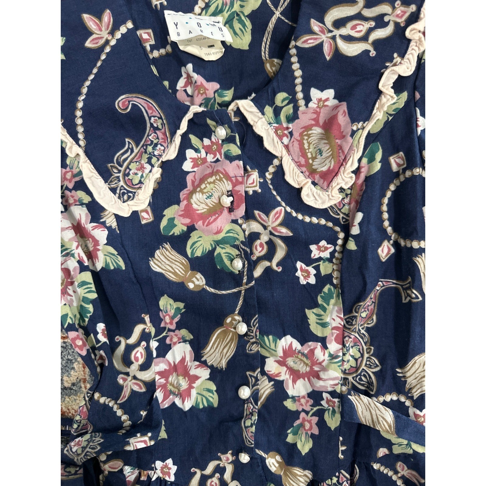Vintage Floral Midi Dress Women Size 5 Navy Blue Lace Collar Shoulder Pads 80s