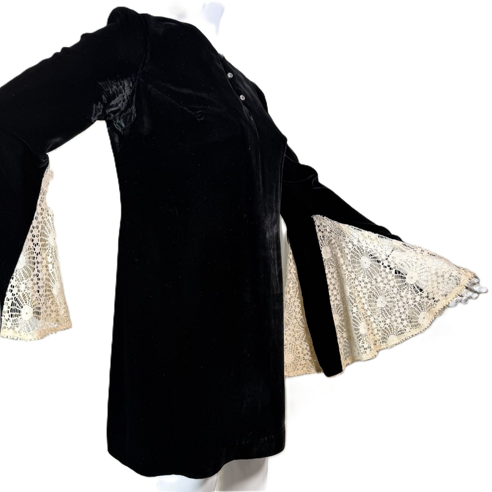 Vintage 60s Black Velvet Mini Dress Lace Angel Sleeve S