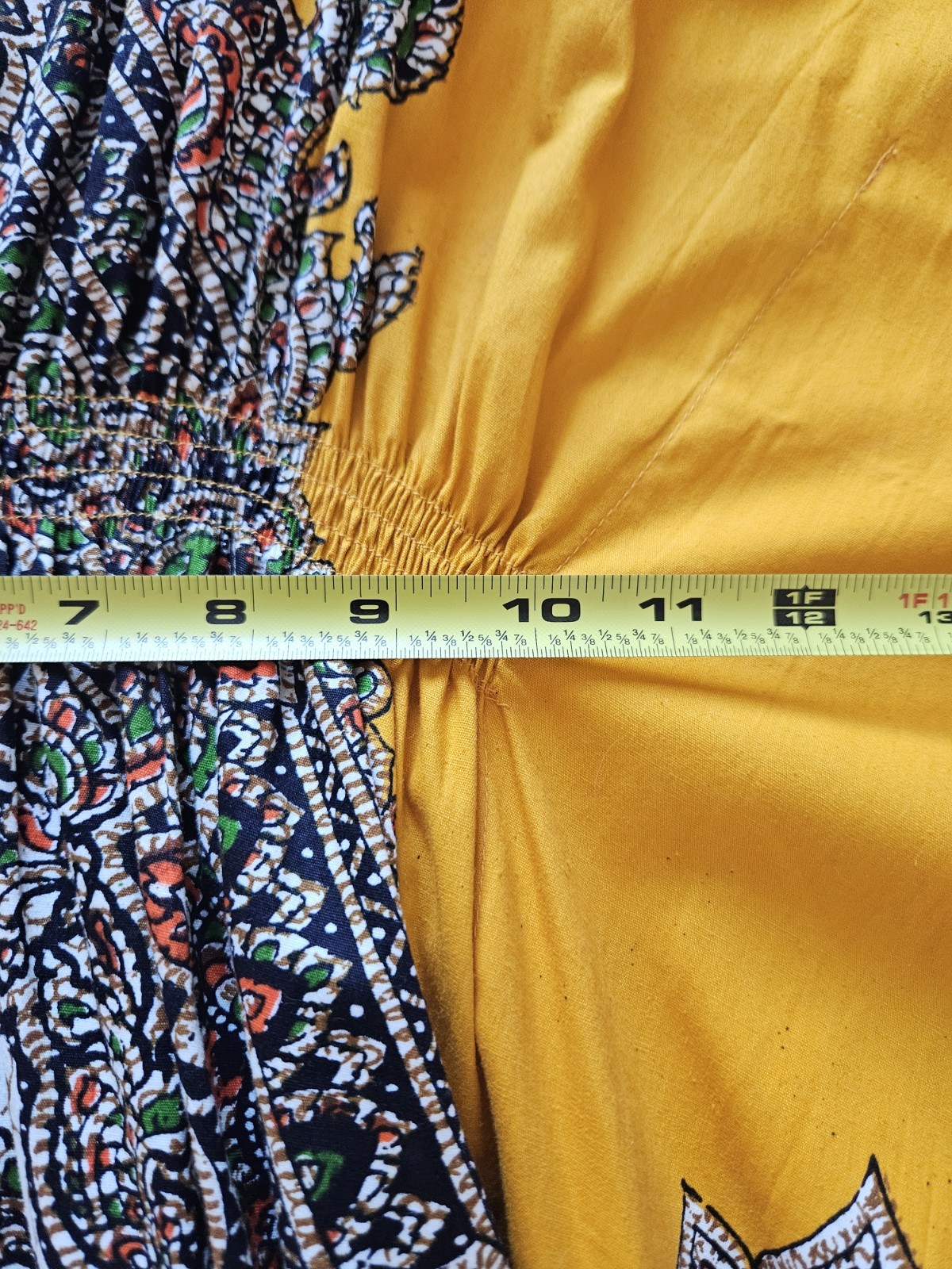 Vtg Thai Cotton Vibrant Yellow Printed Ethnic Asian Maxi Dress Kaftan XS