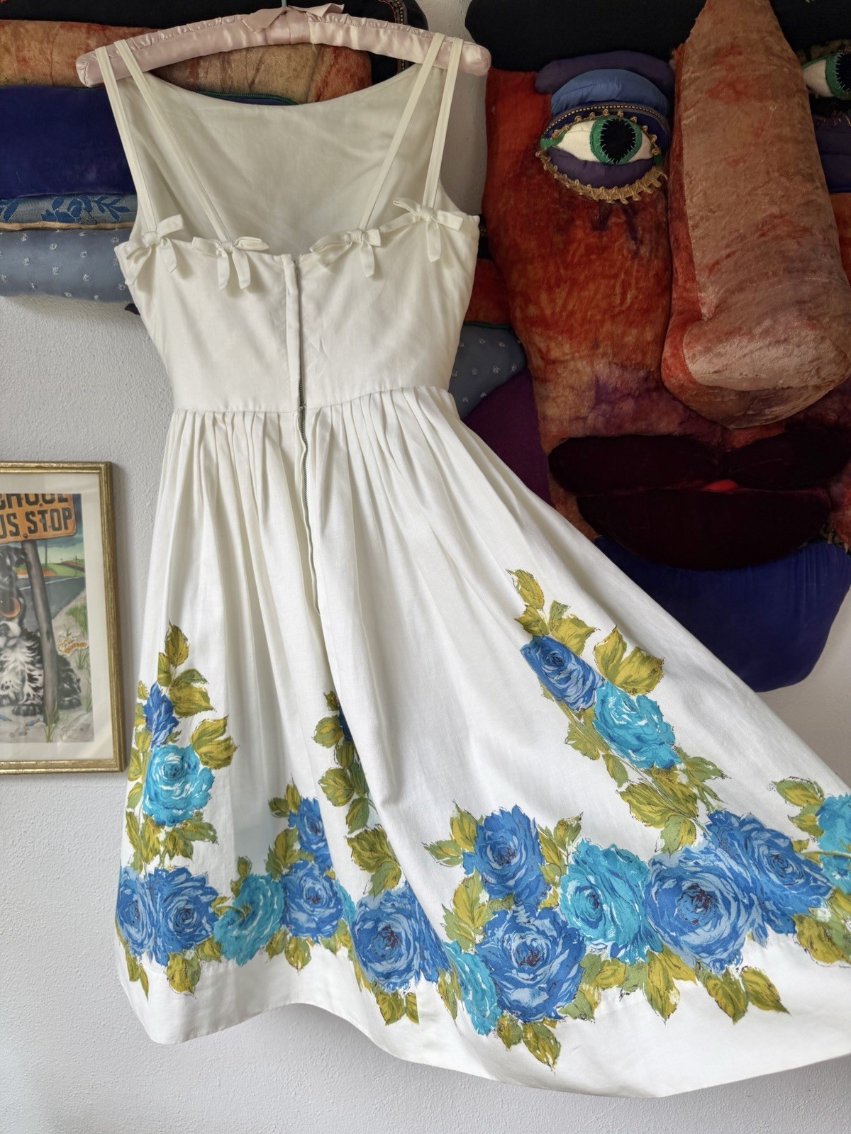 Vintage 1950s BORDER PRINT SUNDRESS Dress Cotton Blue ROSES Bows Metal Zipper XS