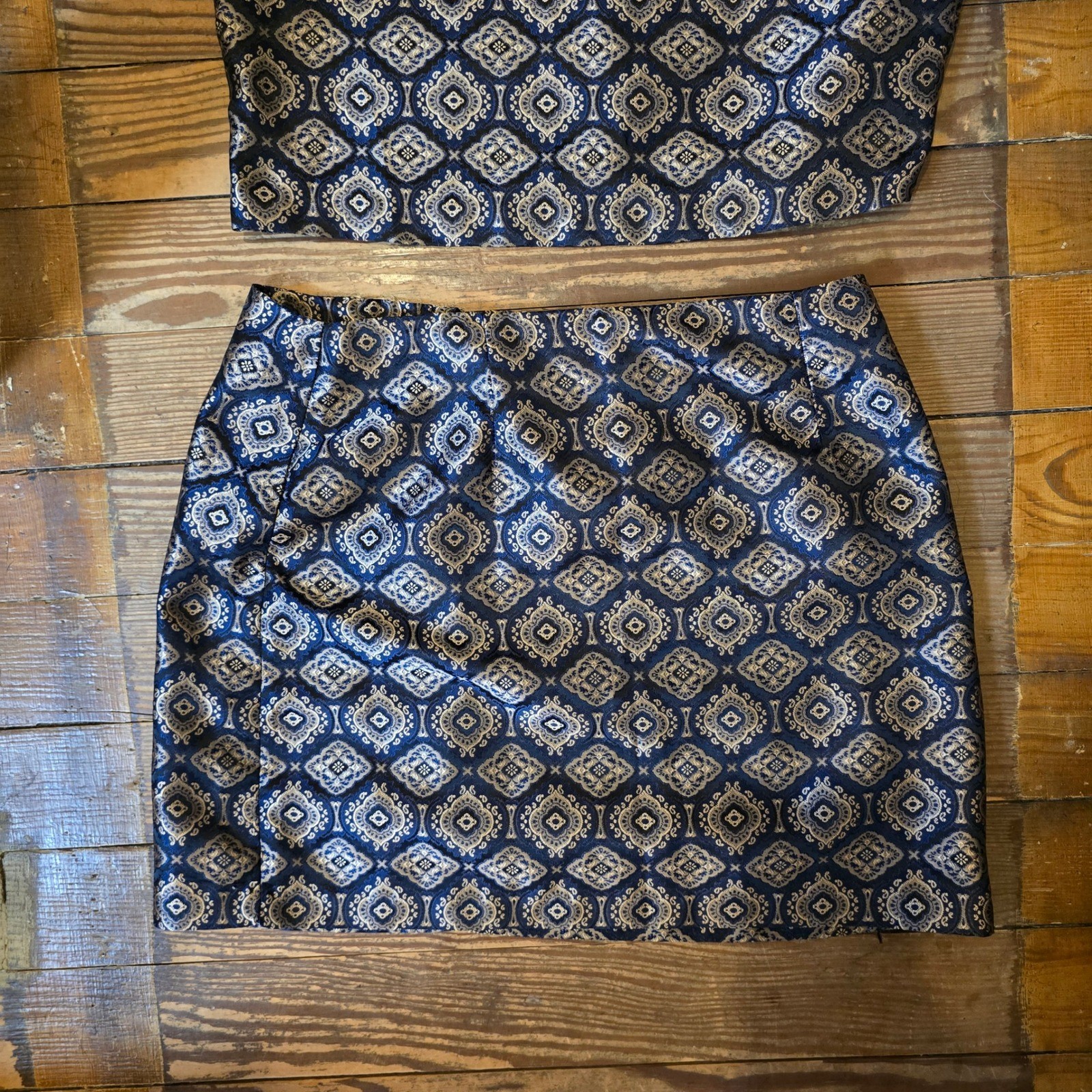 Jonathan Martin Vintage Brocade 2 Piece Set Crop Top Mini Skirt Navy Gold Sz 13