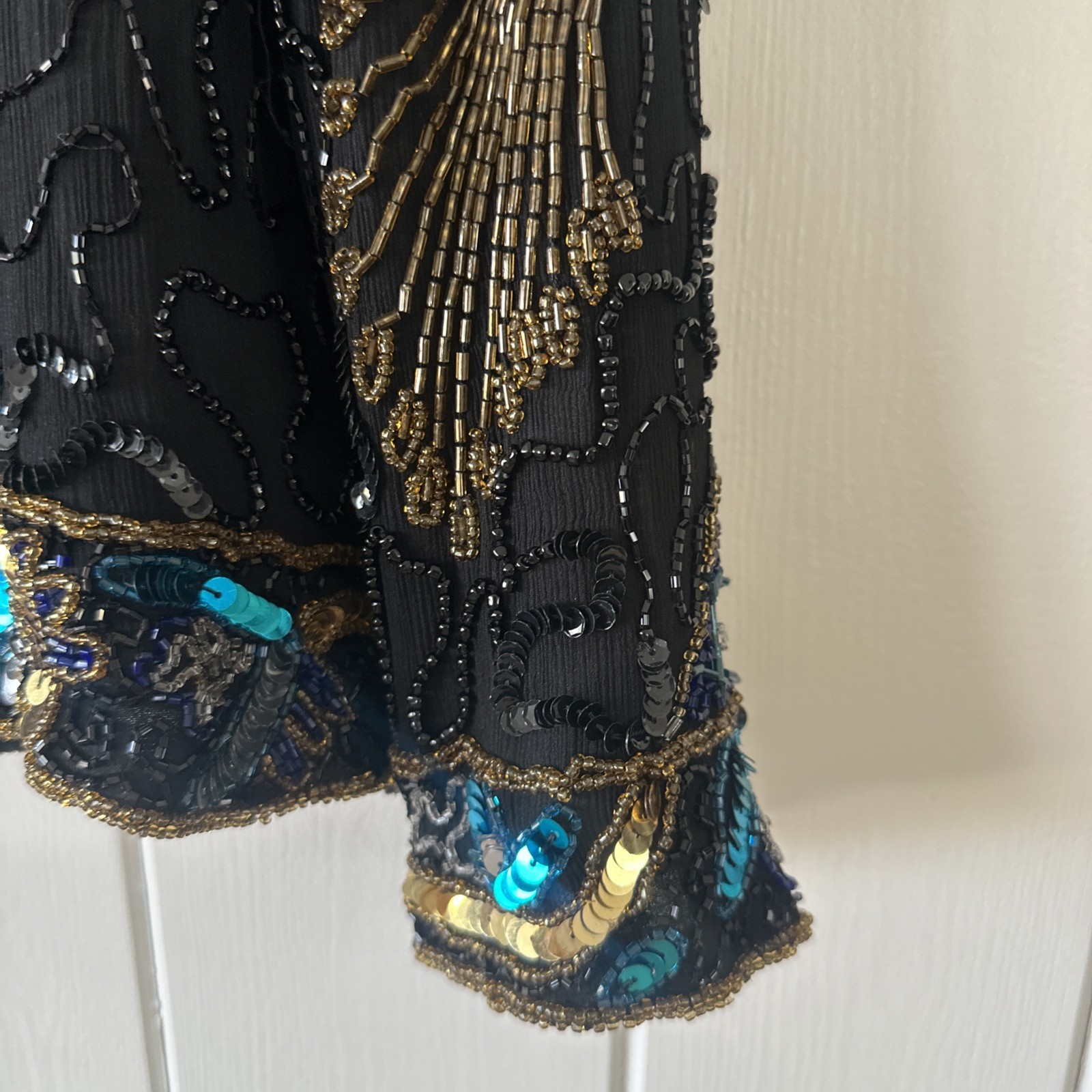 LAURENCE KAZAR Jacket 💯 Silk Lined Beaded Sequins Black Gold Large Clean