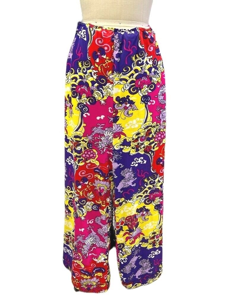 VTG 60s Palazzo Pants M Nylon Wide Leg High Rise Elastic Waist Lined