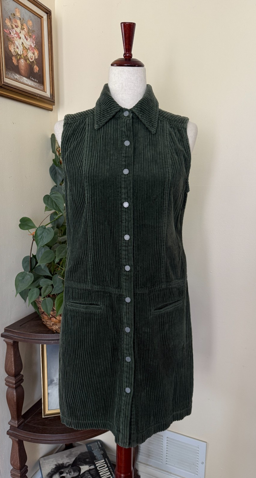 Vintage 90s NY Jeans New York & Company Sleeveless Green Corduroy Dress sz 4