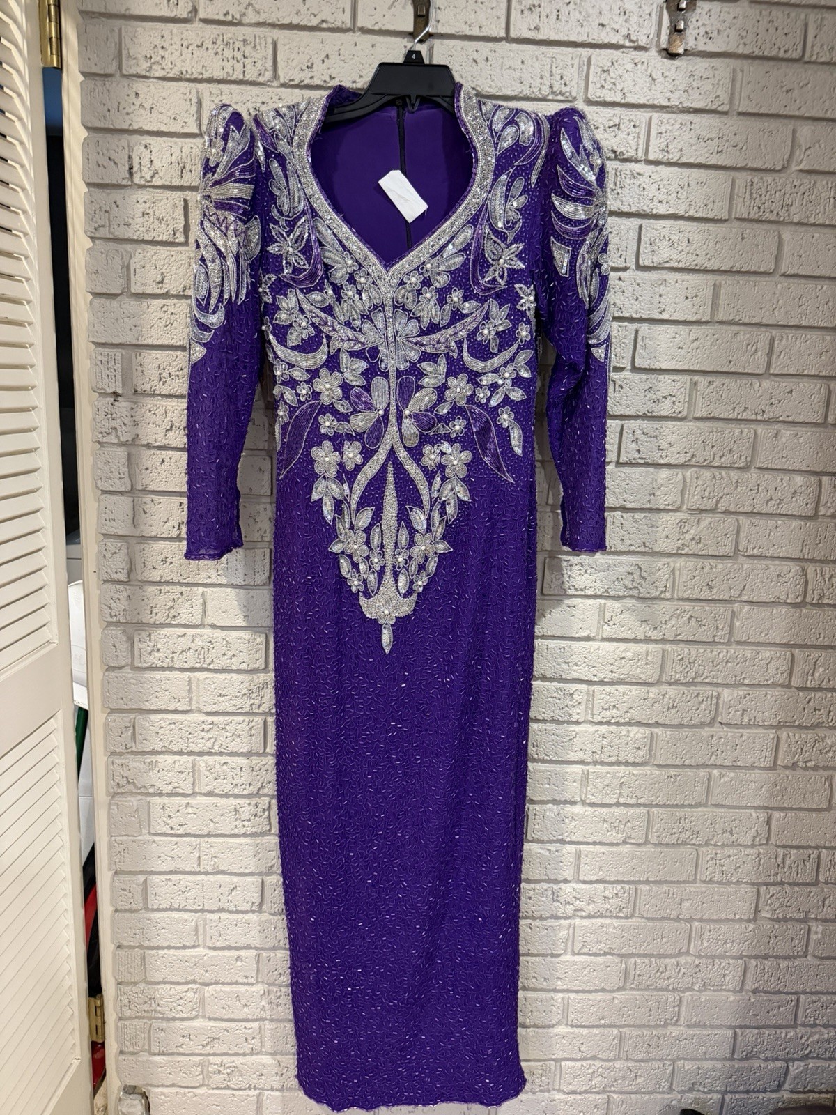 80S Vintage Sequin Imports 100% Silk Purple And Silver Beaded Ball Gown. READ