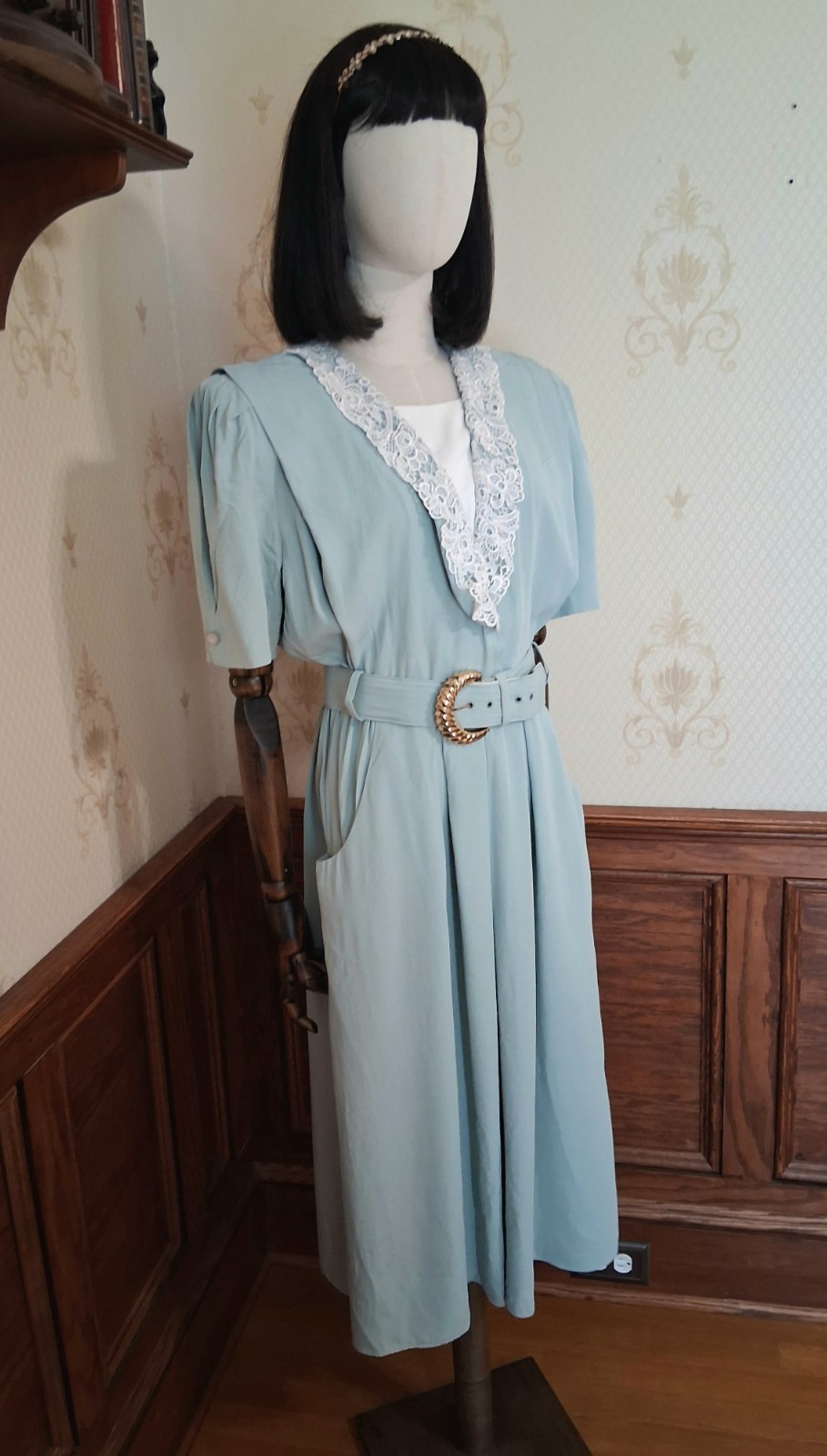 Vintage 1980s SL Fashions Green Lace Collar Cottagecore Secretary Dress w/Belt