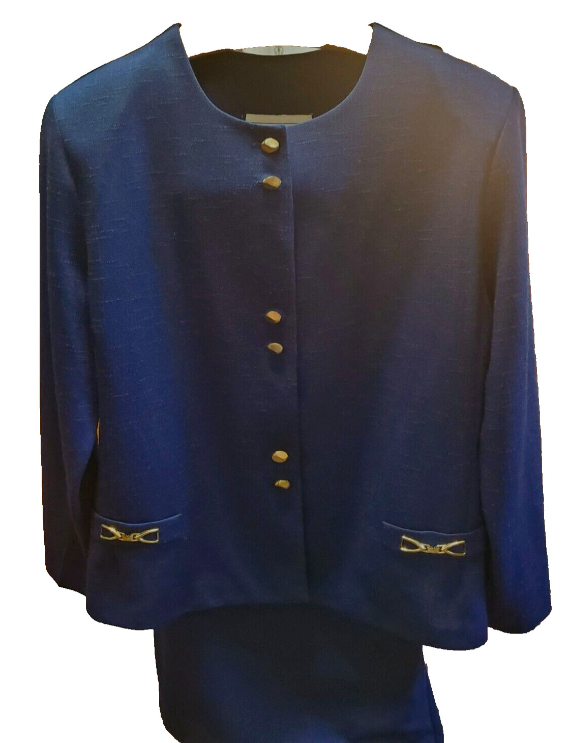 VTG 70’s Navy Dbl Knit Skirt Suit Gold Buttons Buckles Sz 16 Semi Fitted Pencil