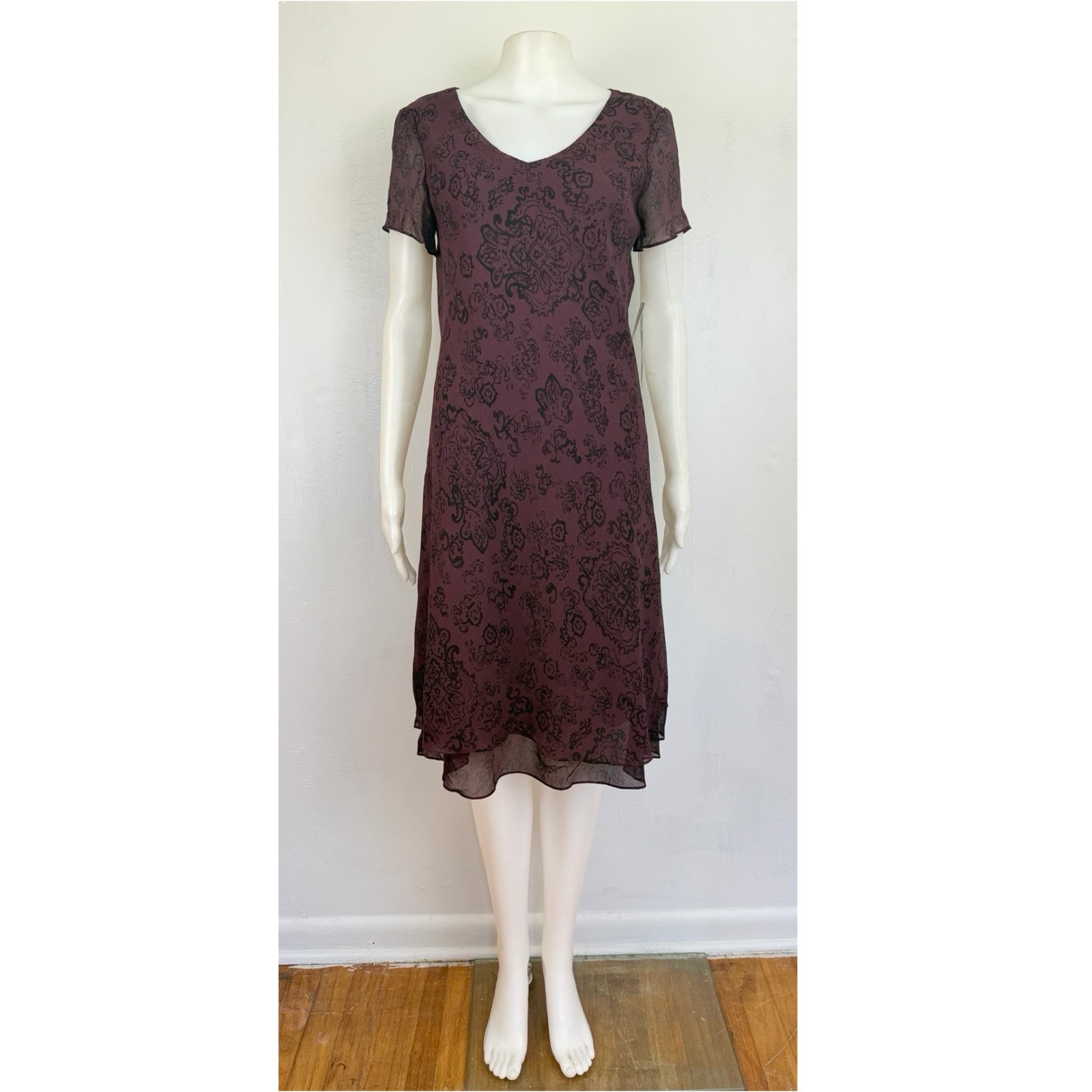 Vintage Bias Cut Silk Dress Size Small 90s Purple Filigree Damask Print Wiggle