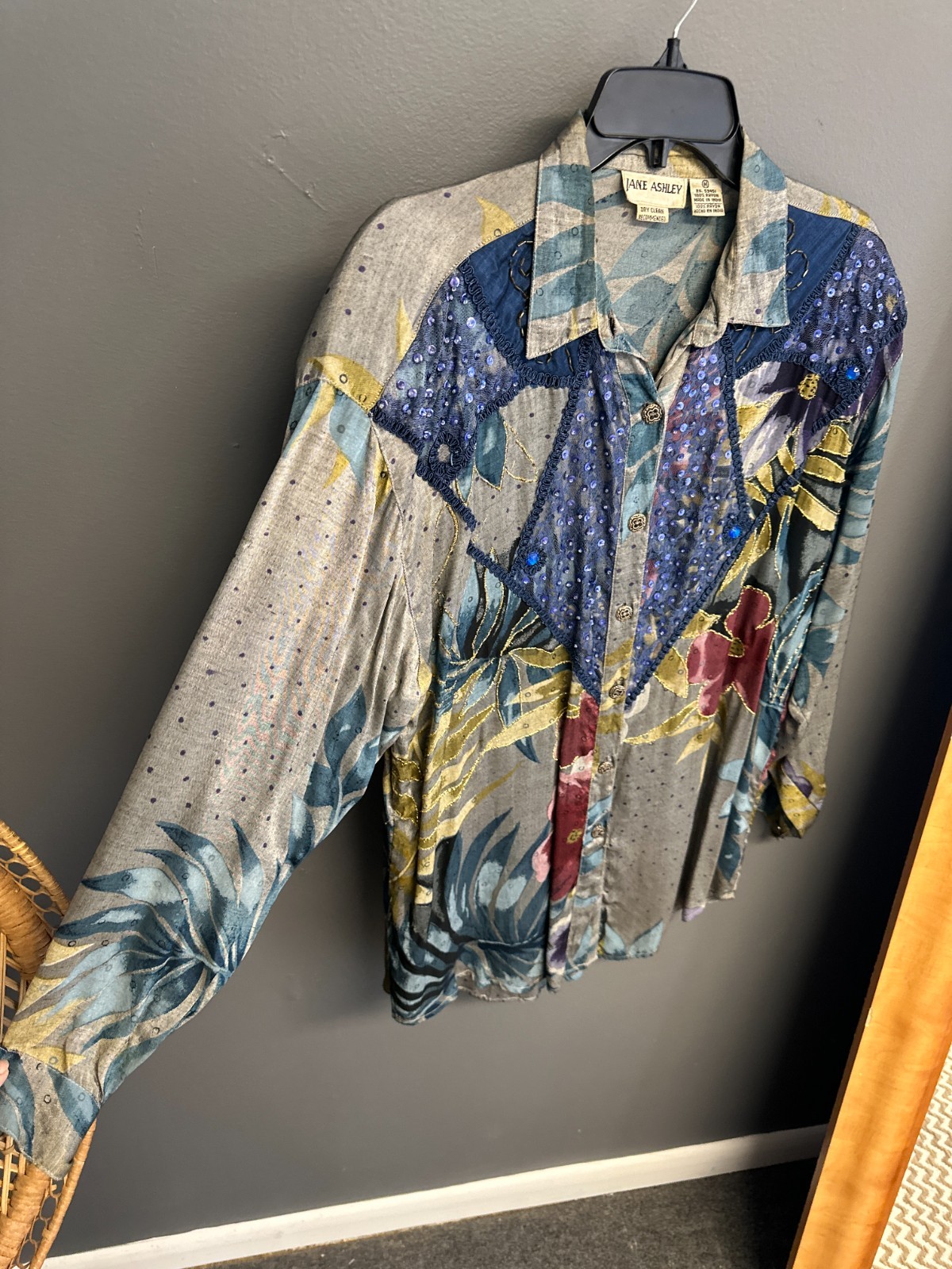 Vintage Jane Ashley Medium Patchwork Beaded Sequin Tunic Blouse Button Top