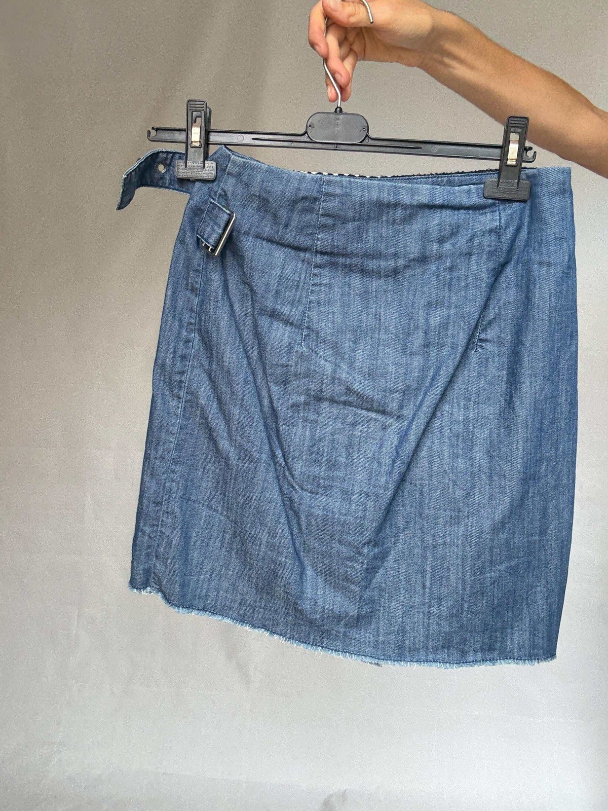 Desigual blue denim wrap skirt with asymmetrical lines and embroidery details, b