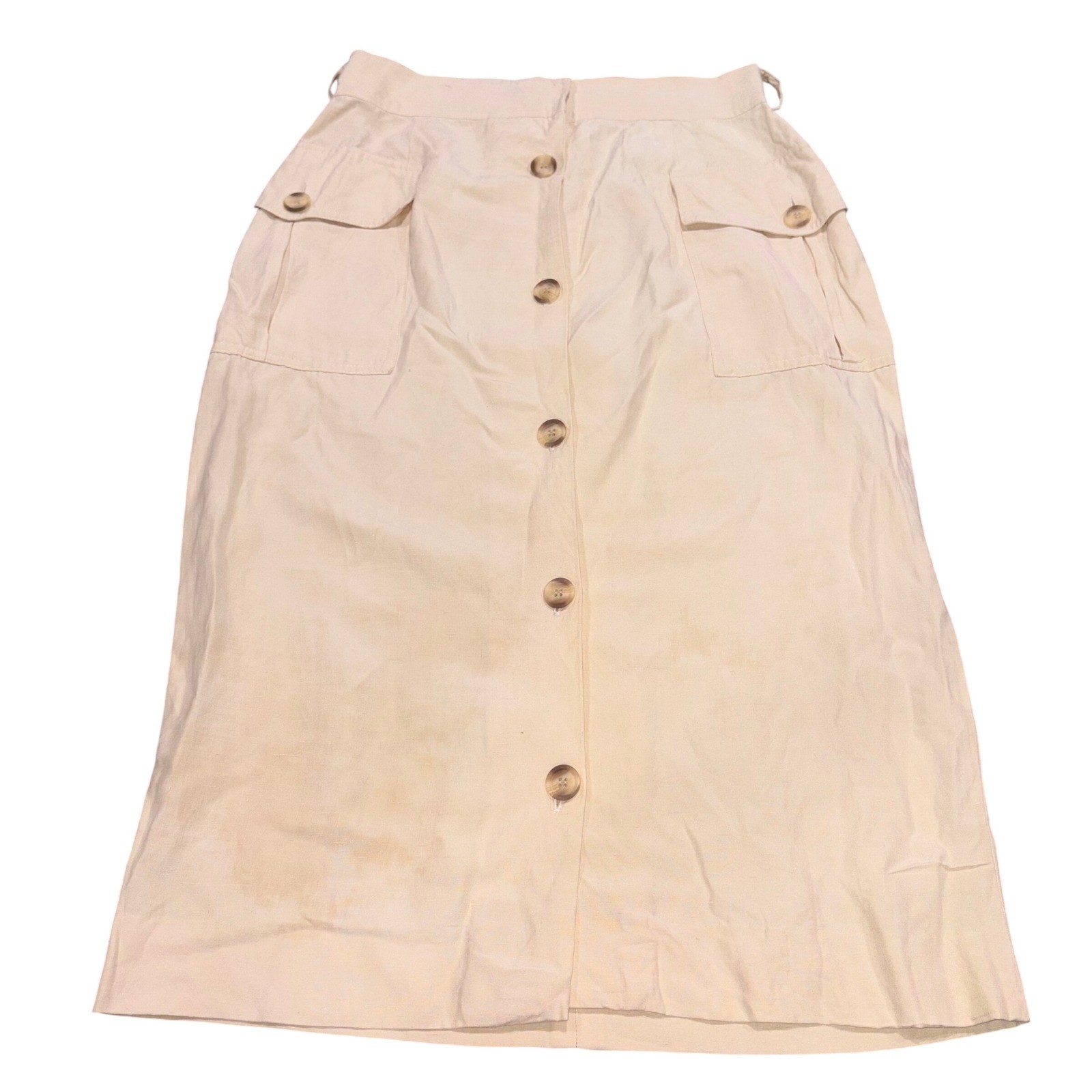 Vintage Silk Linen Button Utility Midi Skirt Women 8 Cream Cambridge Dry Goods