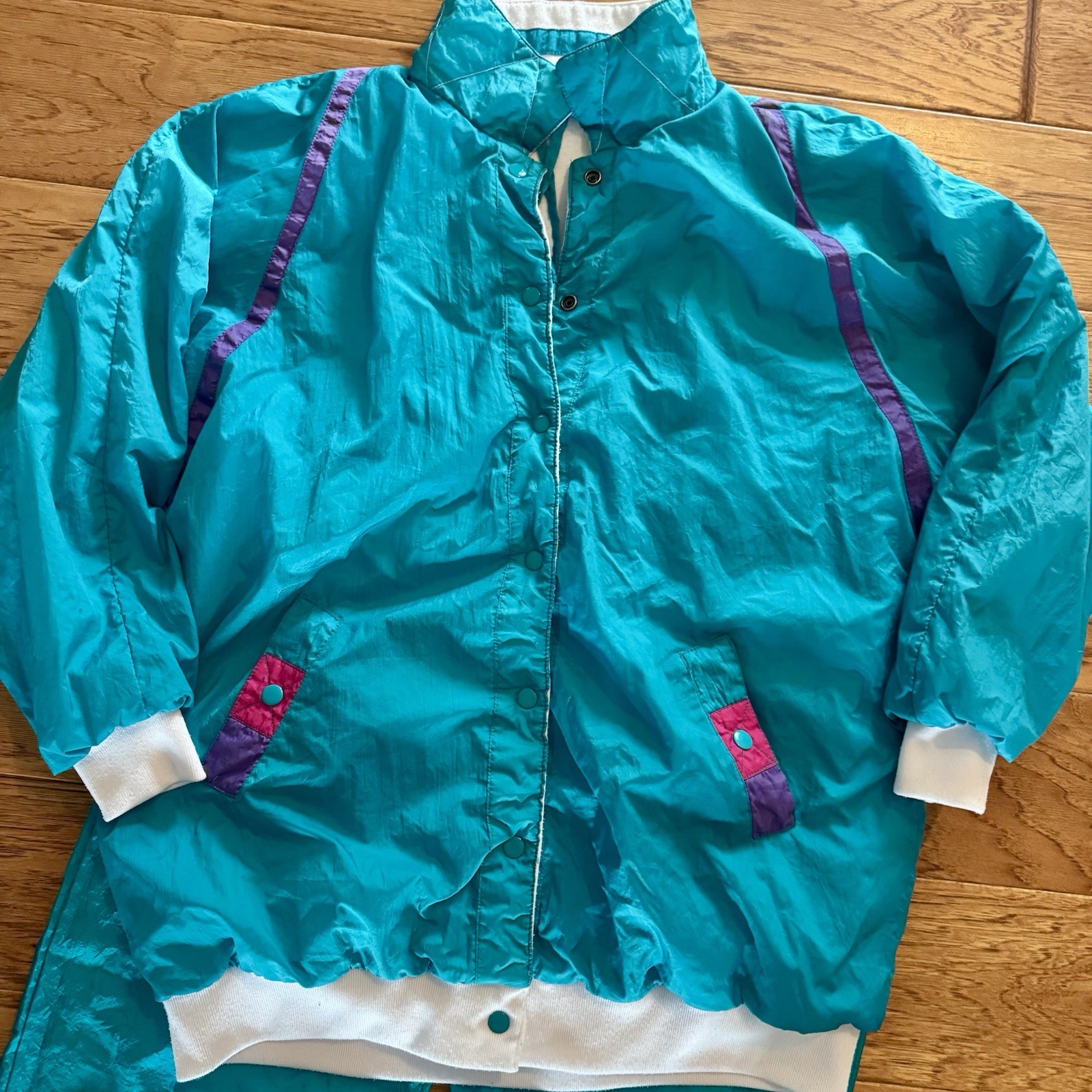 Vintage 80s 90s Windbreaker Track Suit Warm Up Women’s Large Turquoise Running