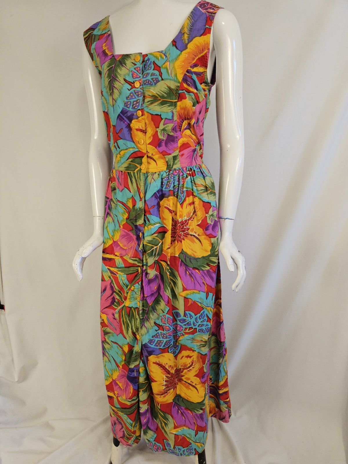 90s Vintage Dress Peek Hole Back Tropical Print Button Front Flare Pockets M