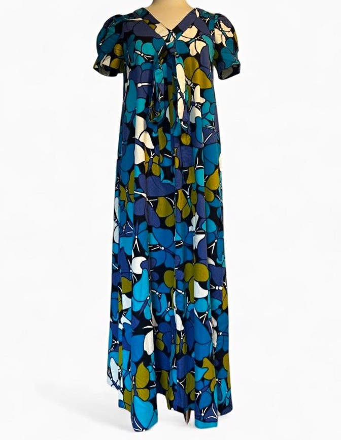 Handmade late 1960s/early 70s Hawaiian cotton barkcloth butterfly maxi dress S/M