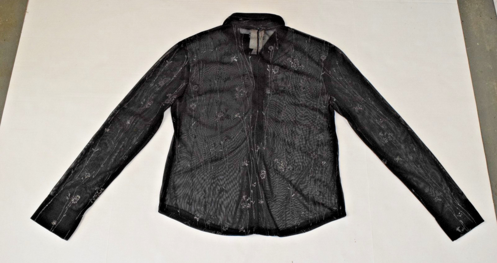Vintage Top Anxiety Cafe Size L 90s Sheer Black Silver Glitter Flowers Made USA
