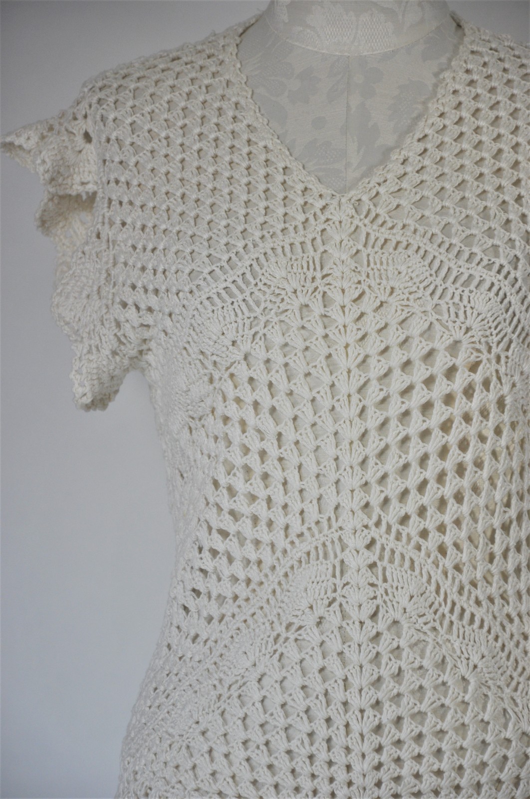 70s Cream Crochet Bohemian Knit Tank Top Sleeveless Pullover Sweater Women S M