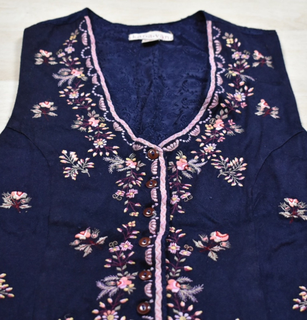 90s Kar A Van Embroidered Floral Button Vest Blue Pink Medium Cotton Rayon VTG