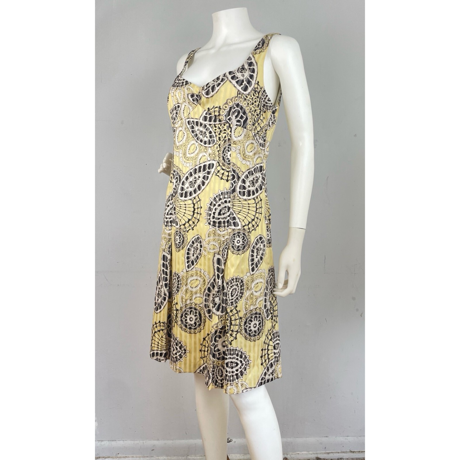 Vintage Alberto Makali Dress Yellow Brown Abstract Cotton Lined Size Medium