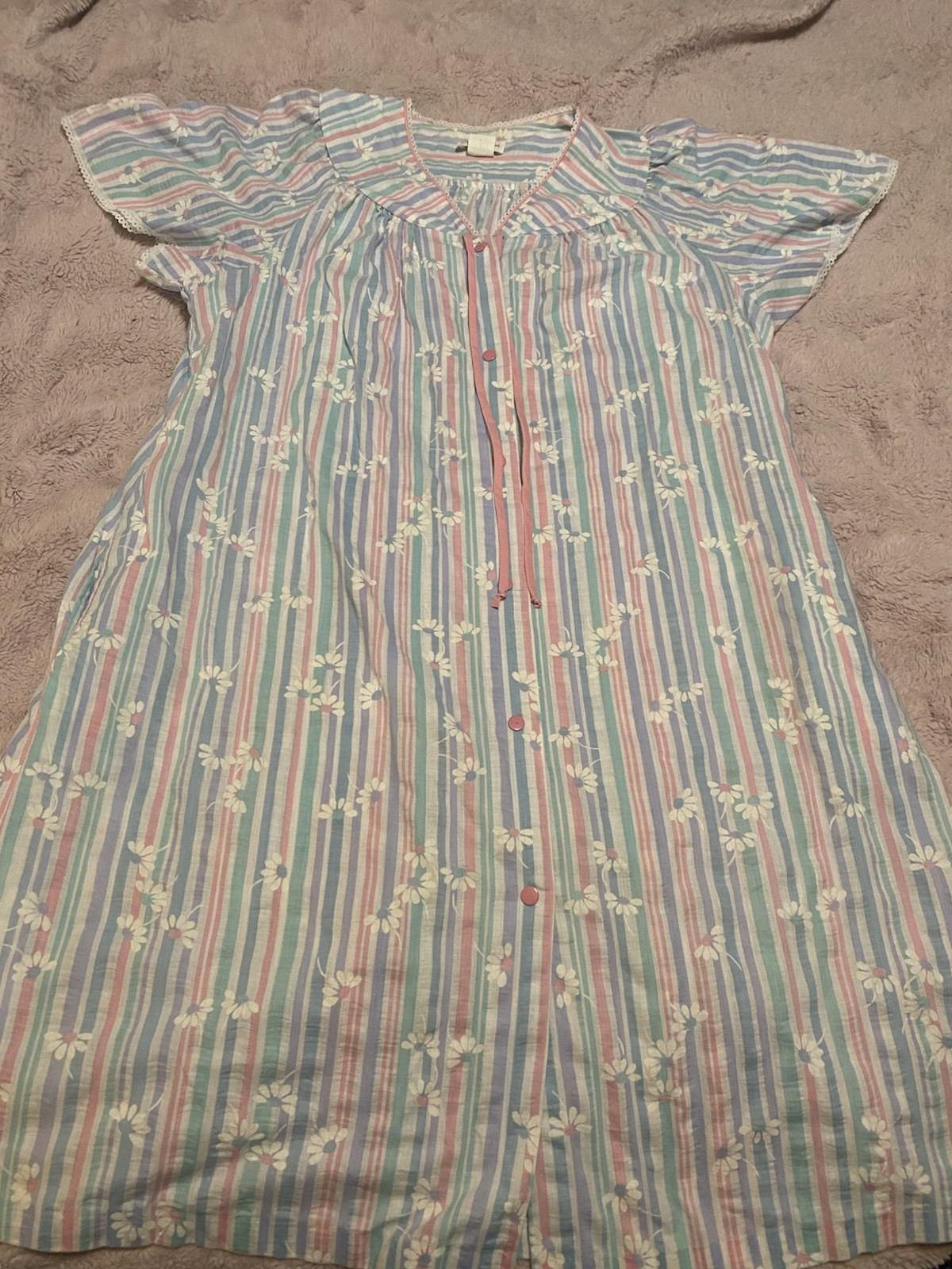 Vintage Dan Ellen Vertical Pastel Striped House Dress Snap Front Women’s Small