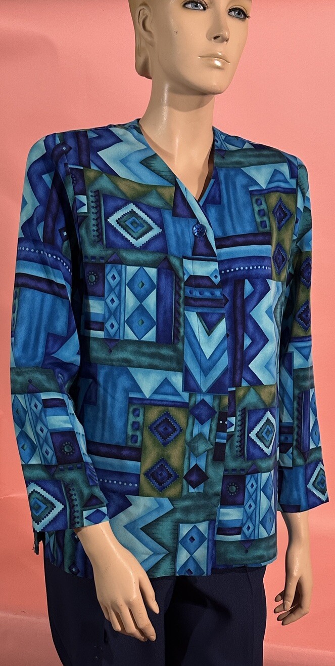 VTG N Touch Petites 80’s Women’s Blouse Turquoise Shoulder Pads Geometric