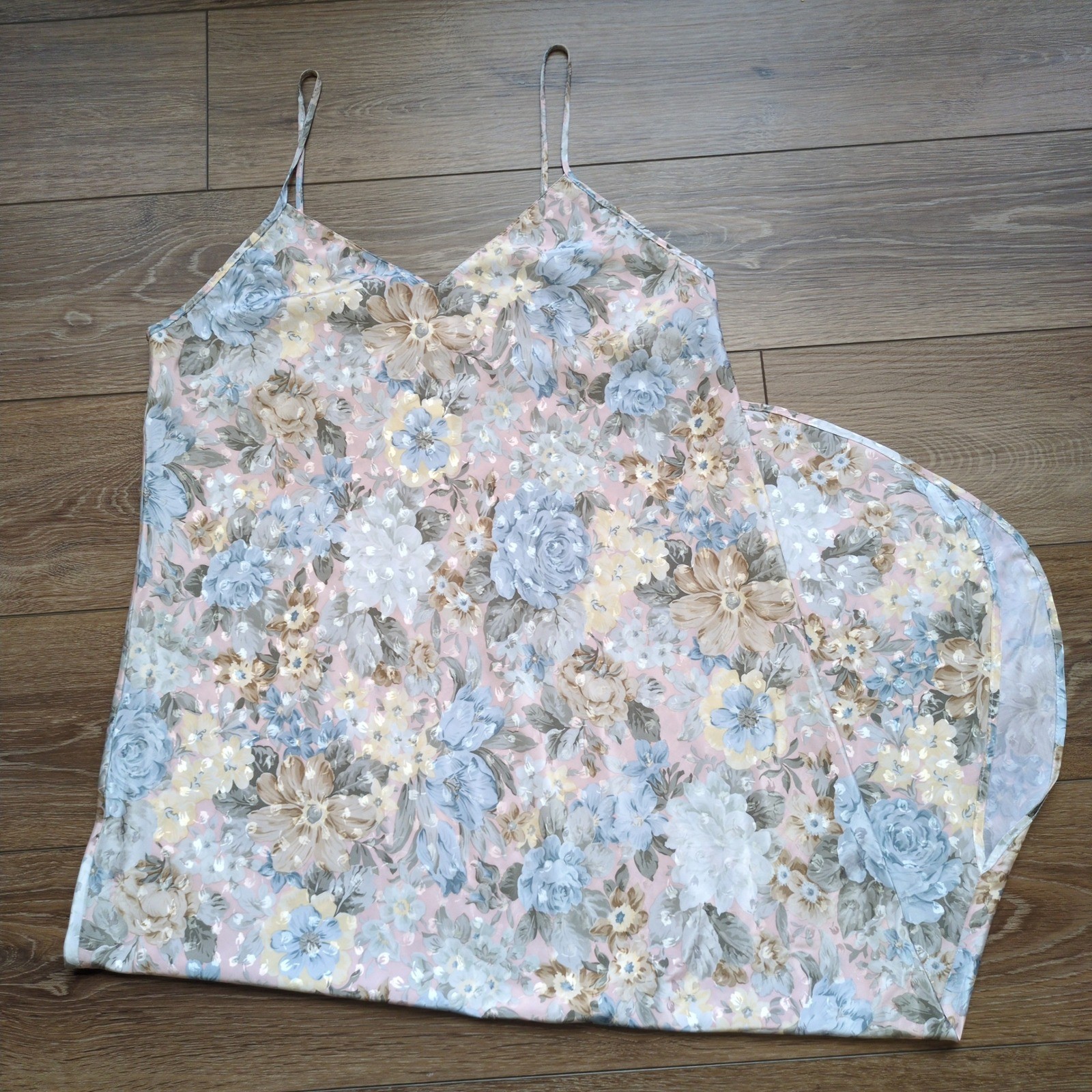 Vtg Diamond Tea Floral Nightgown Slip Dress Spaghetti Strap Side Slit Large